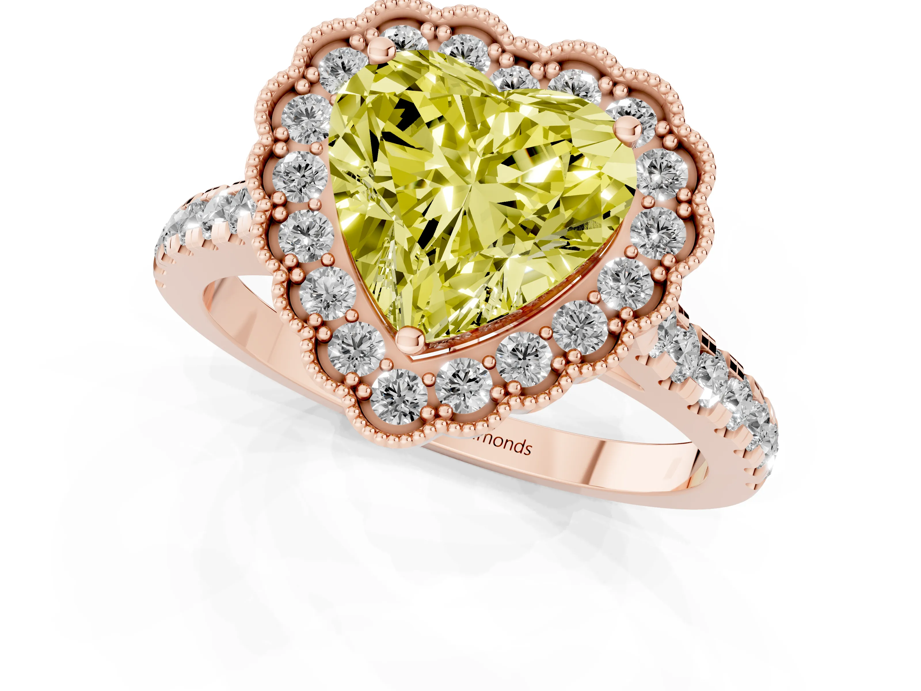 Fancy Yellow Heart Cut Diamond Milgrain Floral Halo Engagement Ring Set in Rose gold with Pavé Band