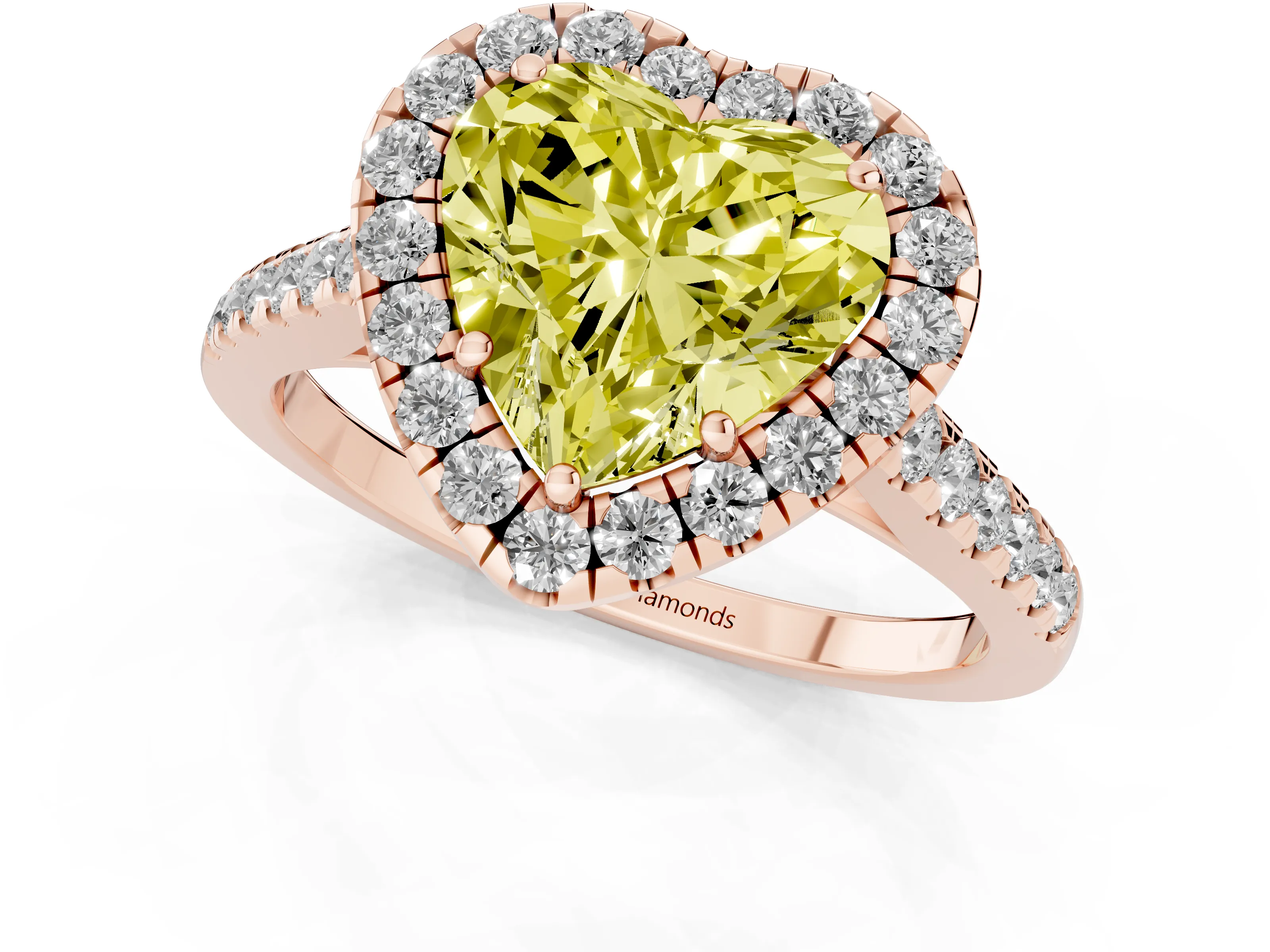 Fancy Yellow Heart Cut Diamond Halo Pavé Engagement Ring Set in Rose gold with Prong Setting