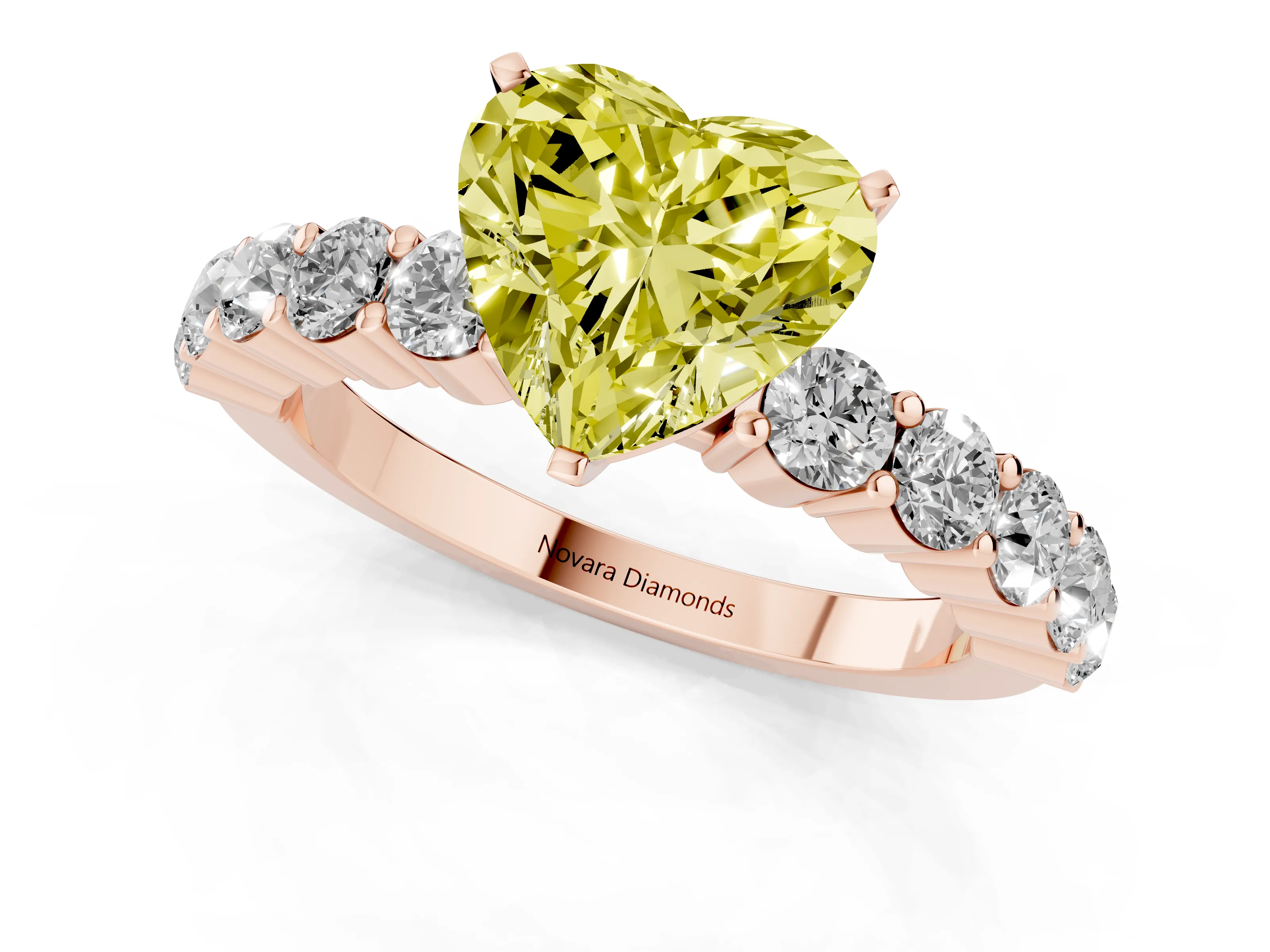 Fancy Yellow Heart Cut Diamond Solitaire Ring Set in Rose gold with Shared Prong Round Side Stones