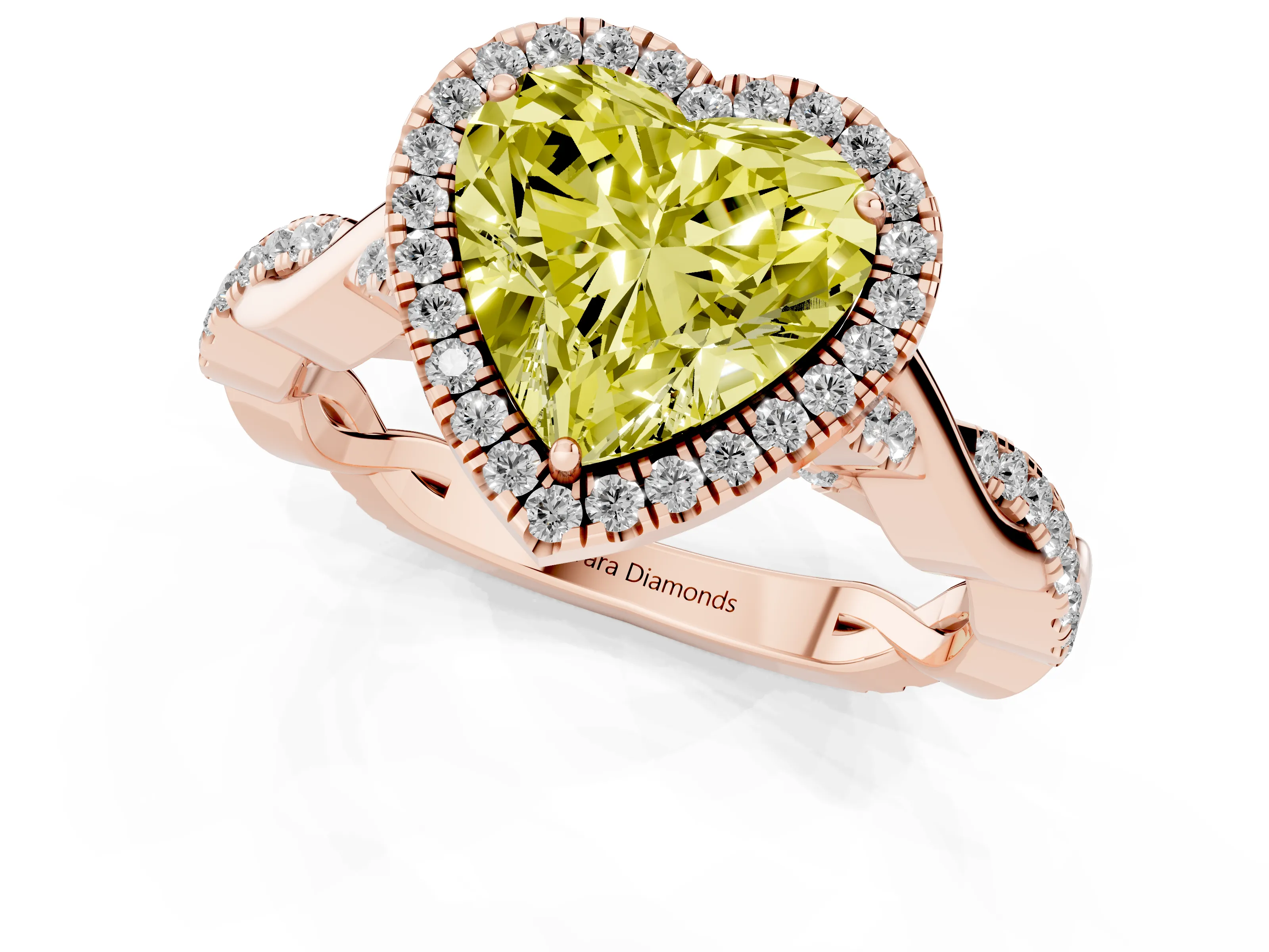 Fancy Yellow Heart Cut Diamond Halo Twist Band Solitaire Ring Set in Rose gold with Prong Setting