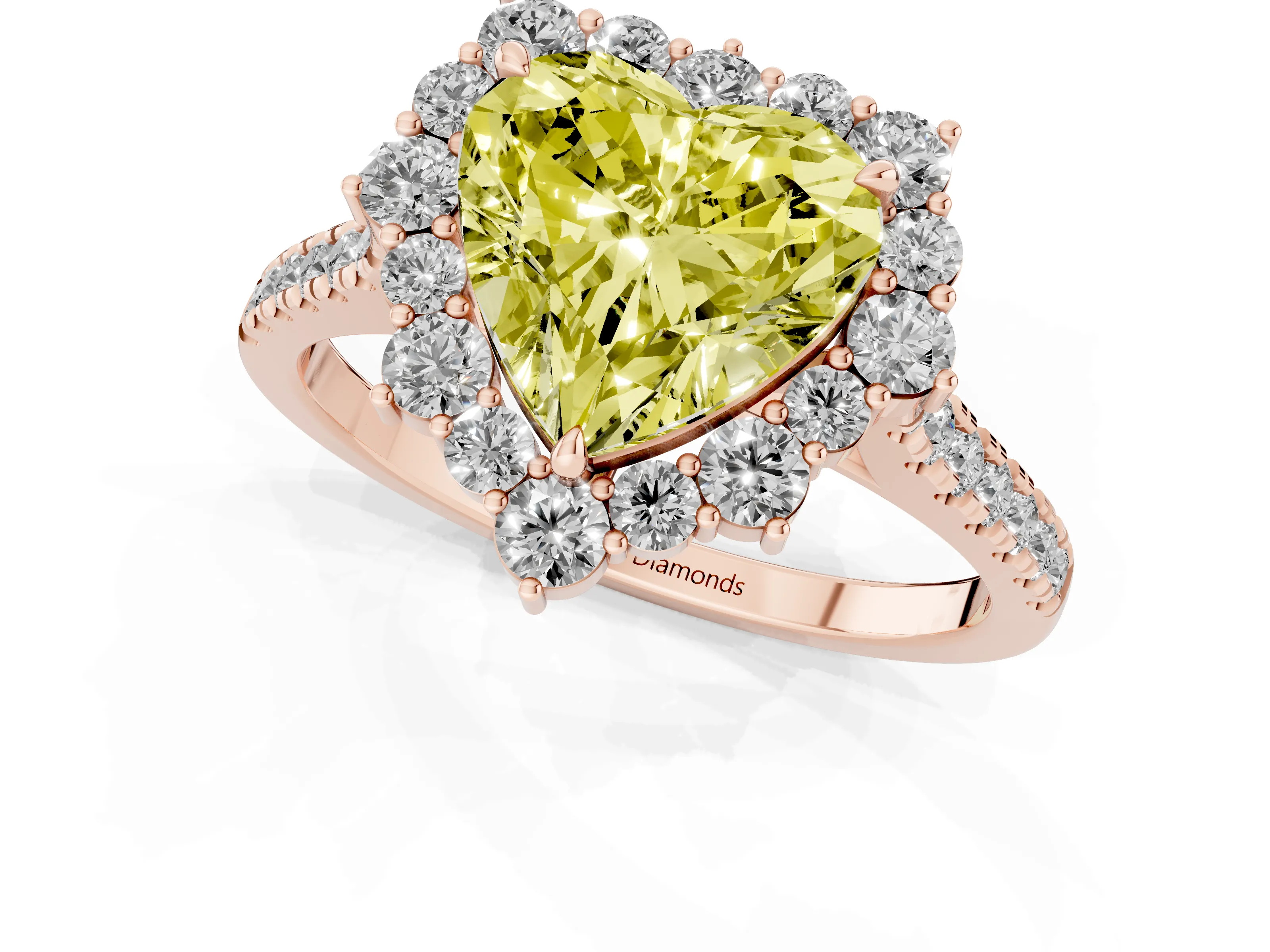 Fancy Yellow Heart Cut Diamond Halo Ring Set in Rose gold with Pavé Band and Prong Setting