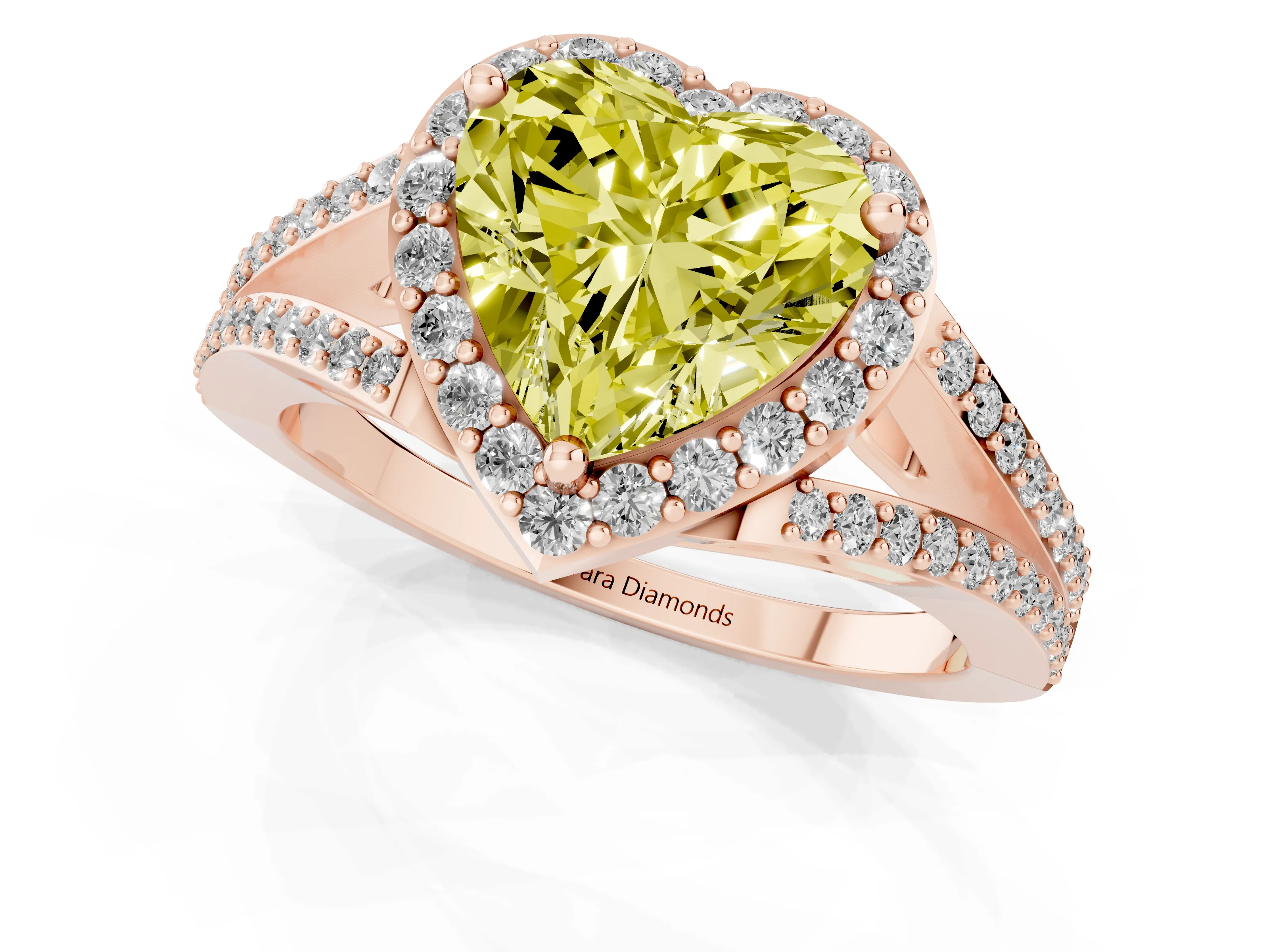 Fancy Yellow Heart Cut Diamond Halo Split Shank Pavé Ring Set in Rose gold with Prong Setting