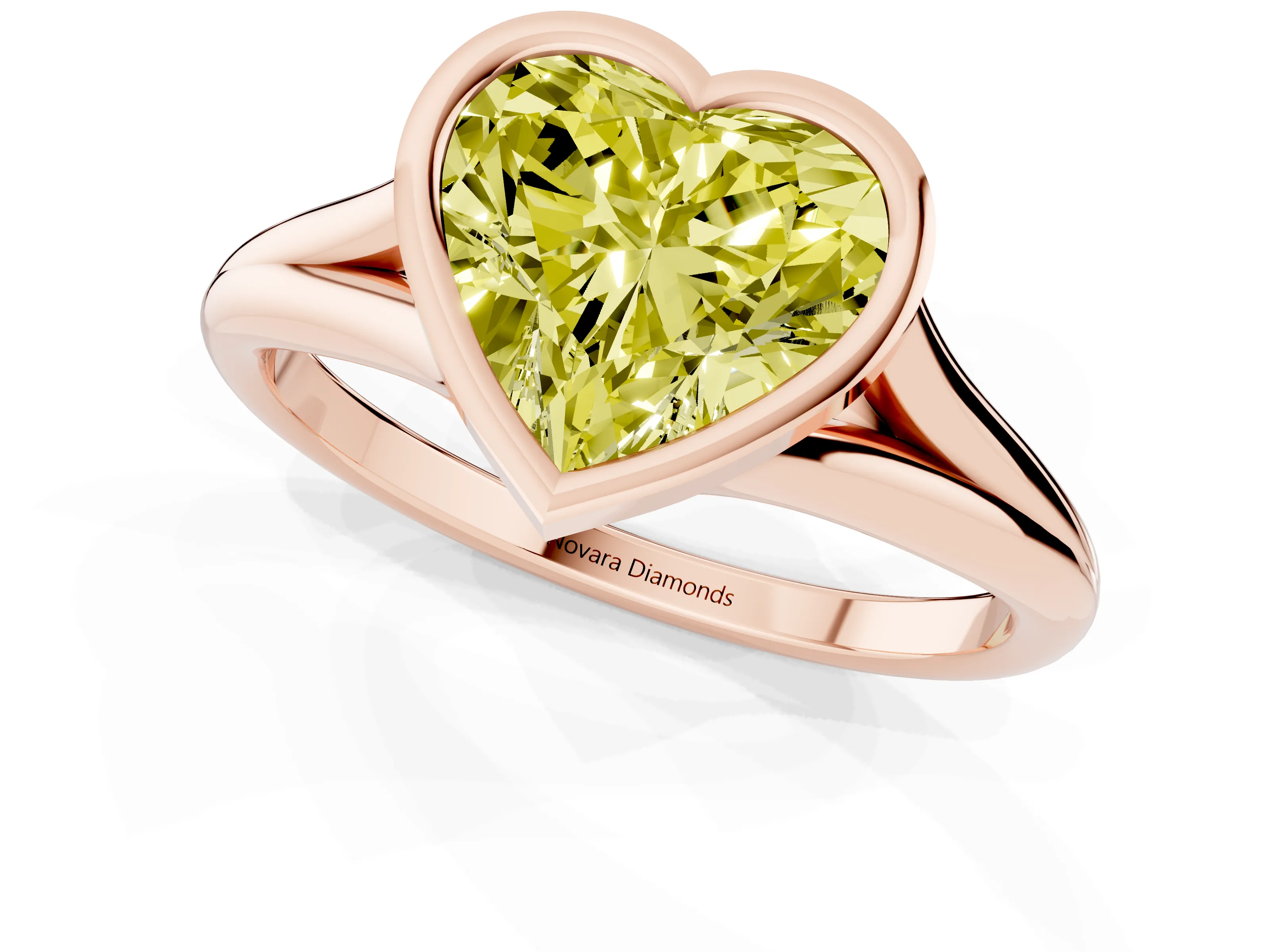 Fancy Yellow Bezel Set Heart Cut Diamond Solitaire Ring Set in Rose gold with Tapered Band