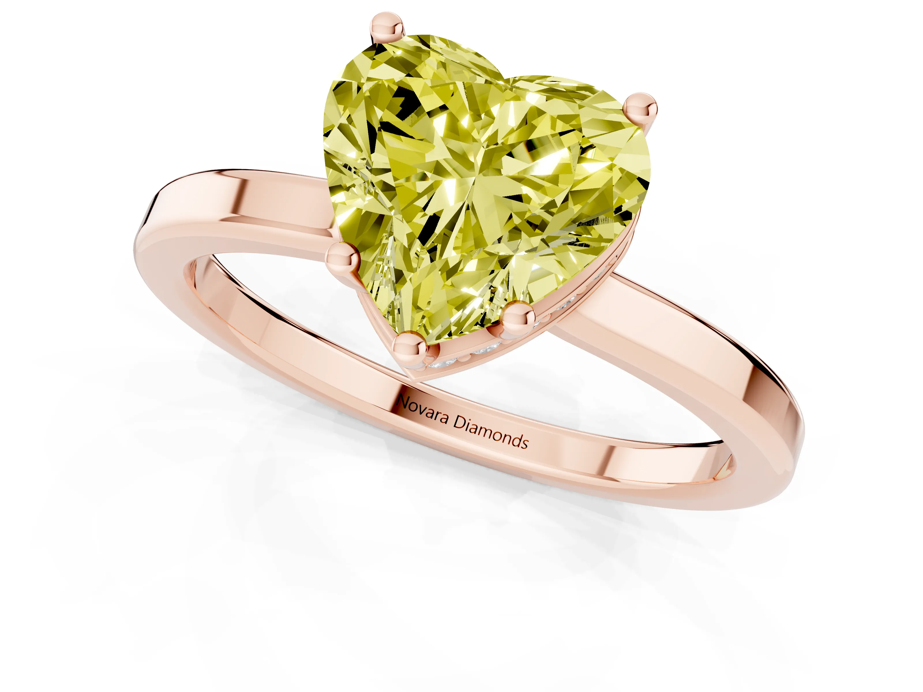 Fancy Yellow Heart Cut Diamond Solitaire Engagement Ring Set in Rose gold with Prong Setting on a Plain Band