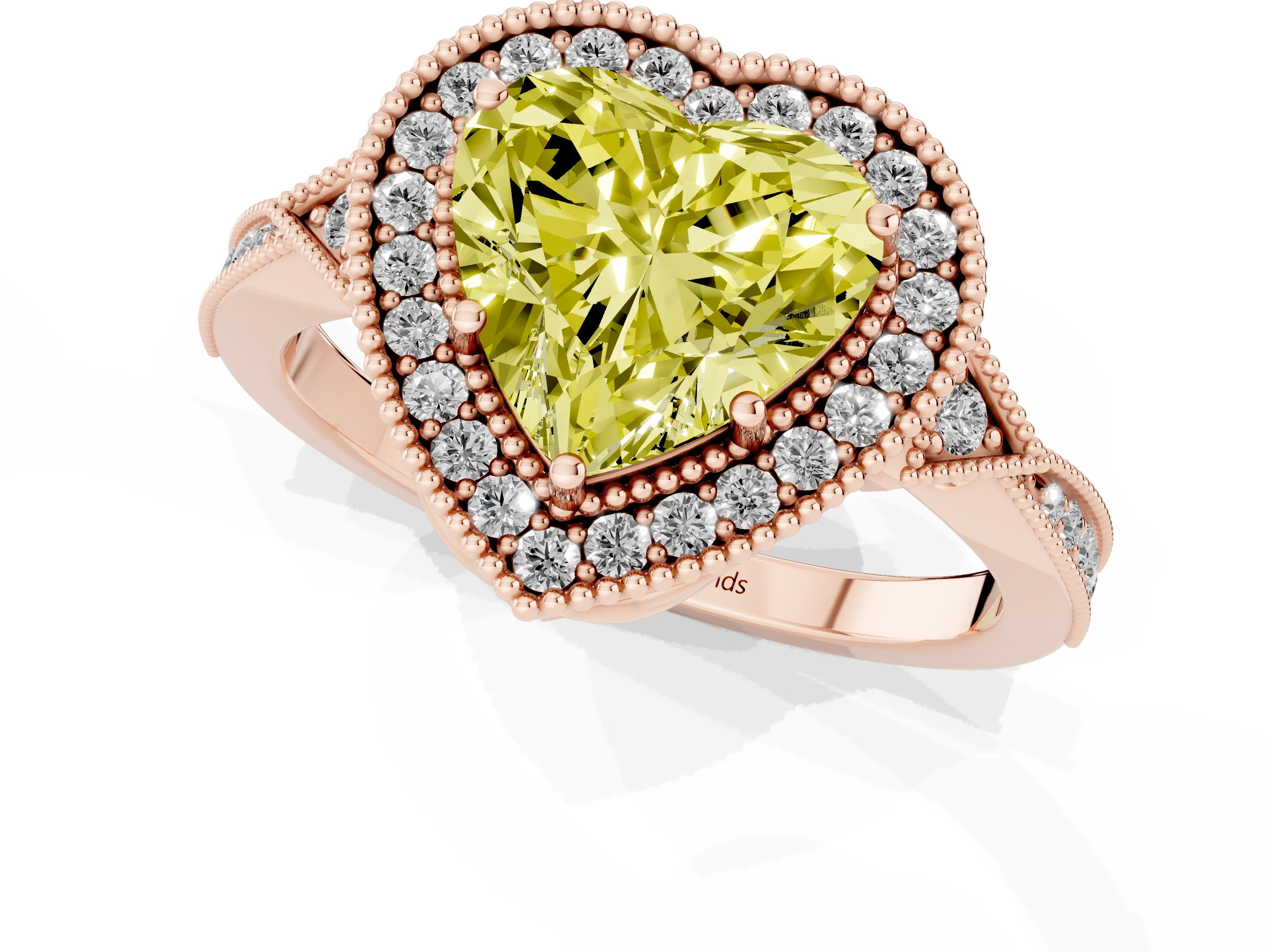 Fancy Yellow Heart Cut Diamond Halo Engagement Ring Set in Rose gold with Milgrain Pavé Band