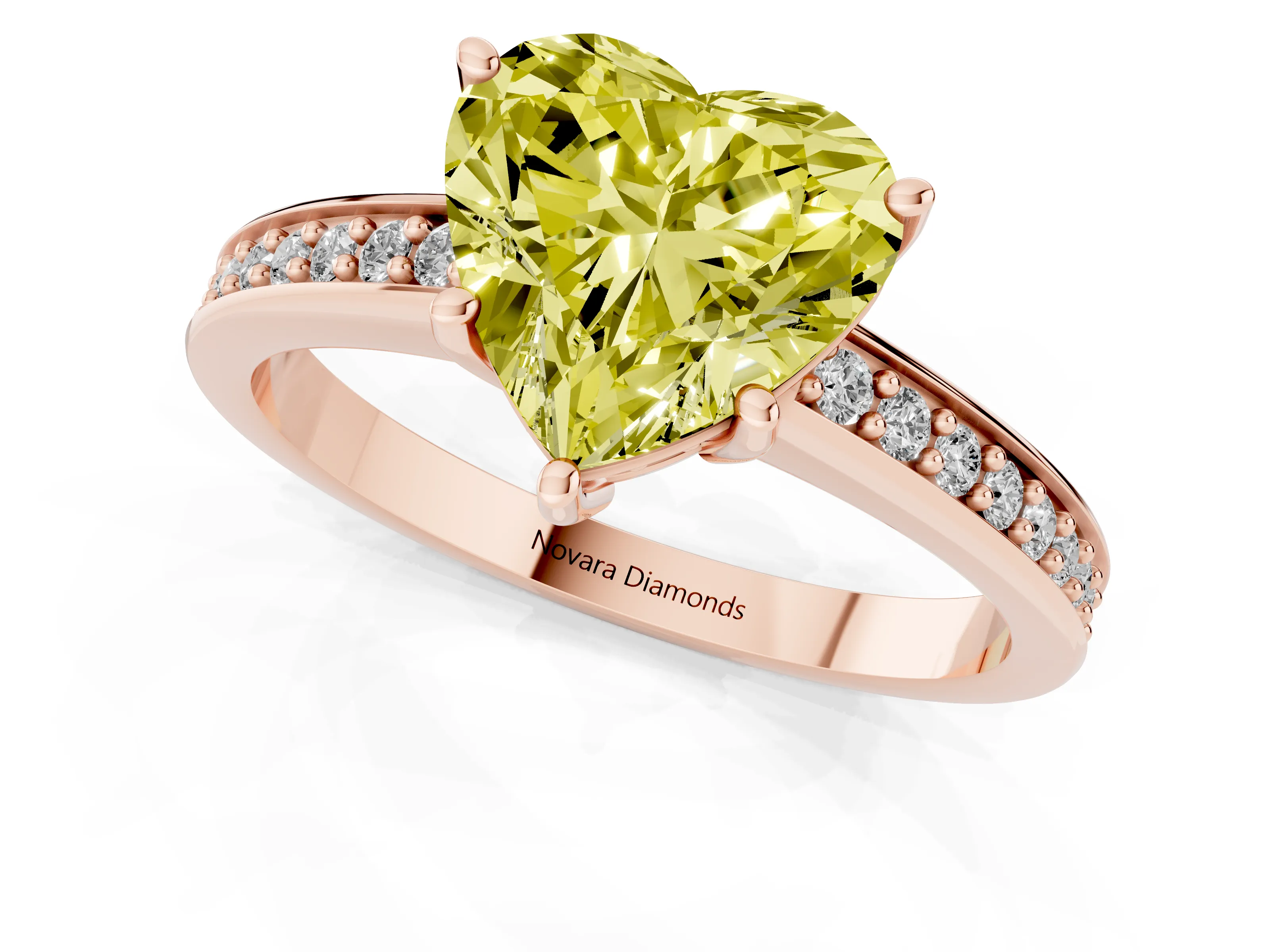 Fancy Yellow Heart Cut Diamond Pavé Band Prong Set Solitaire Ring Set in Rose gold