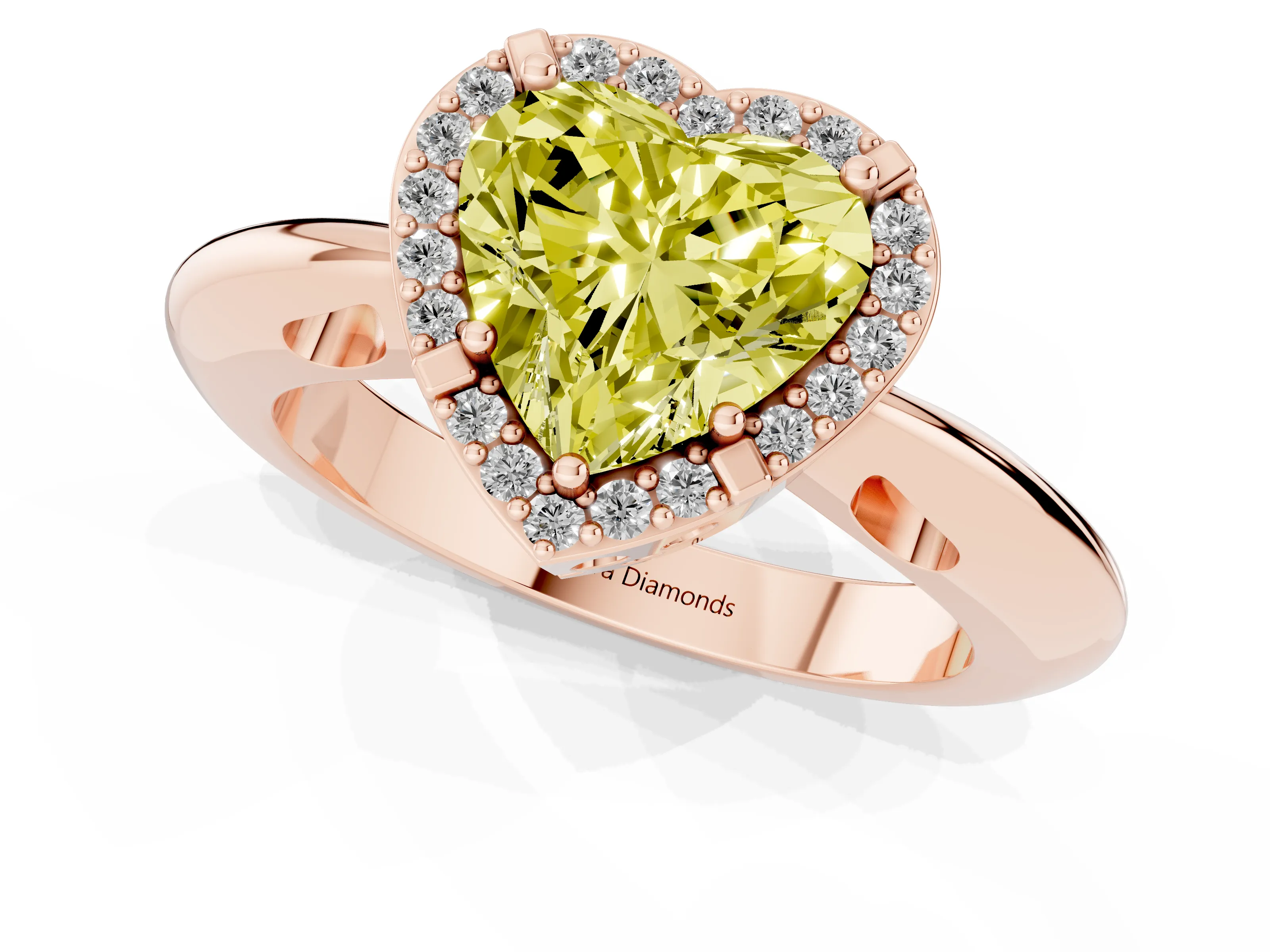 Fancy Yellow Heart Cut Diamond Halo Engagement Ring Set in Rose gold with Plain Split Shank and Prong Setting
