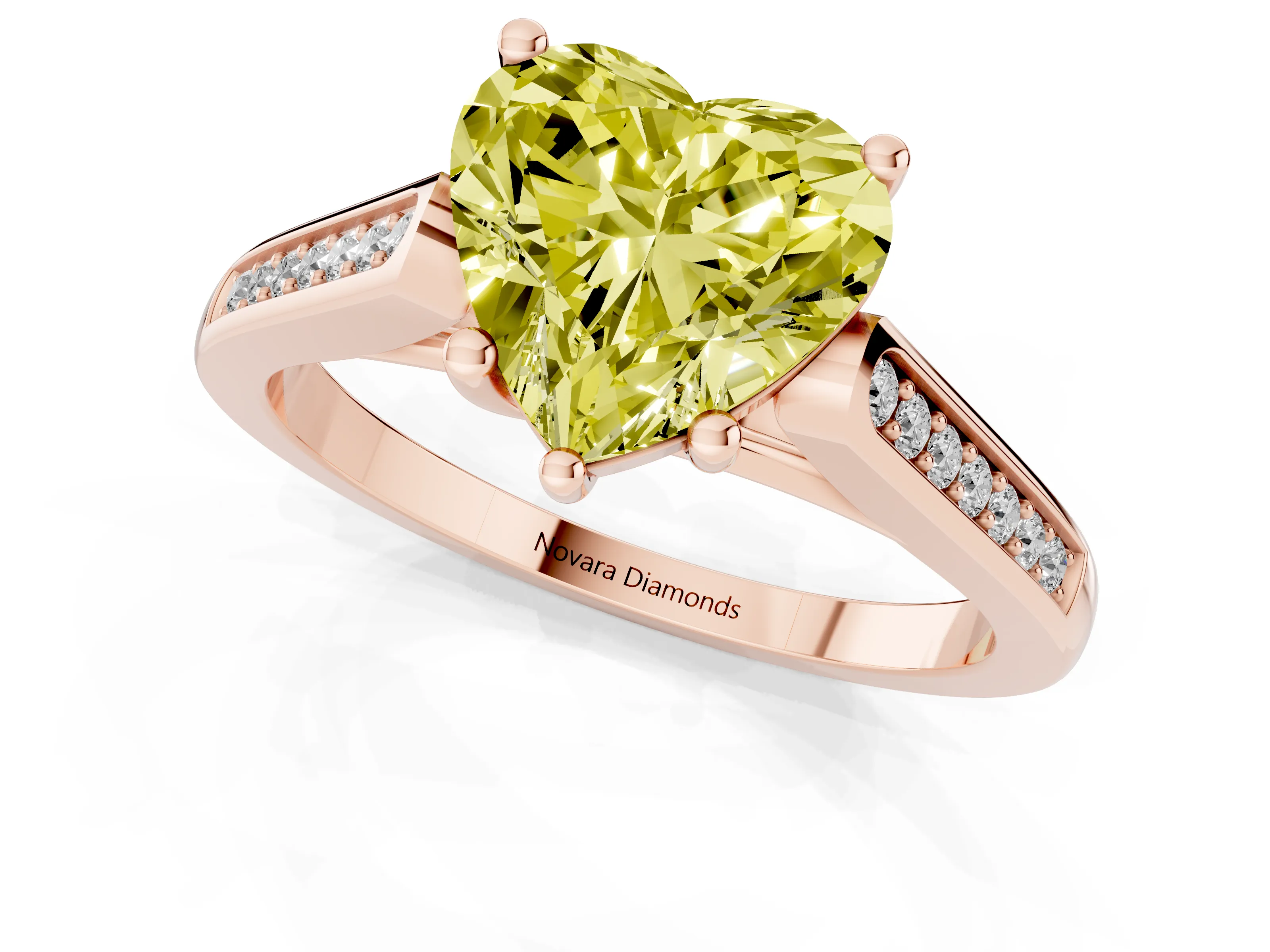 Fancy Yellow Heart Cut Diamond Solitaire Cathedral Engagement Ring Set in Rose gold with Channel-Set Band and Prong Setting