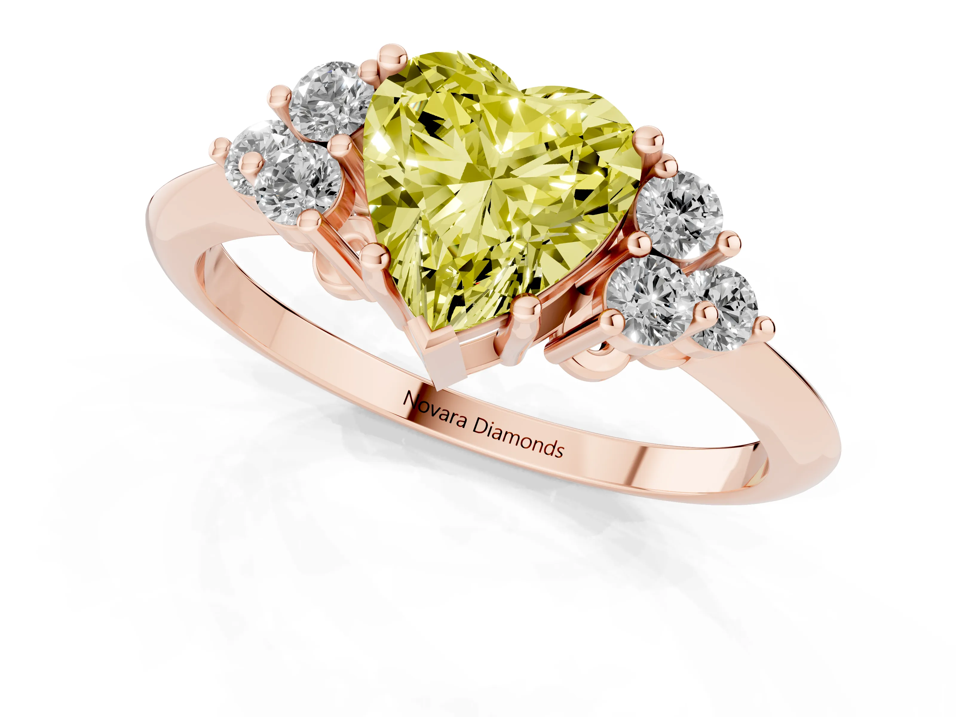 Fancy Yellow Heart Cut Diamond Cluster Ring Set in Rose gold with Plain Band and Prong Setting