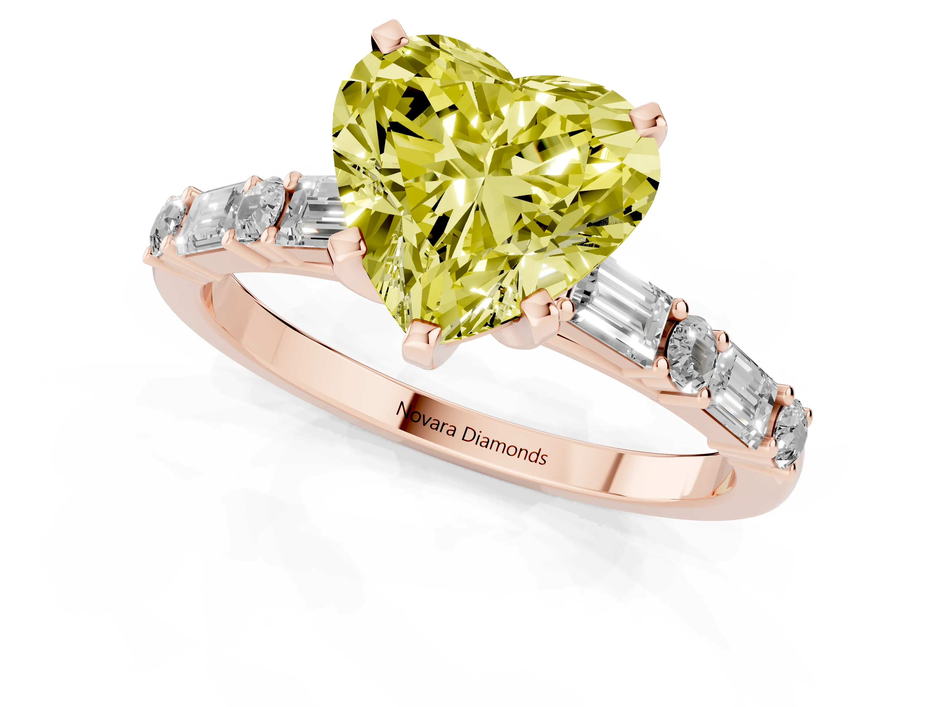 Fancy Yellow Heart Cut Diamond Solitaire Set in Rose gold with Side Baguettes and Channel Set Band