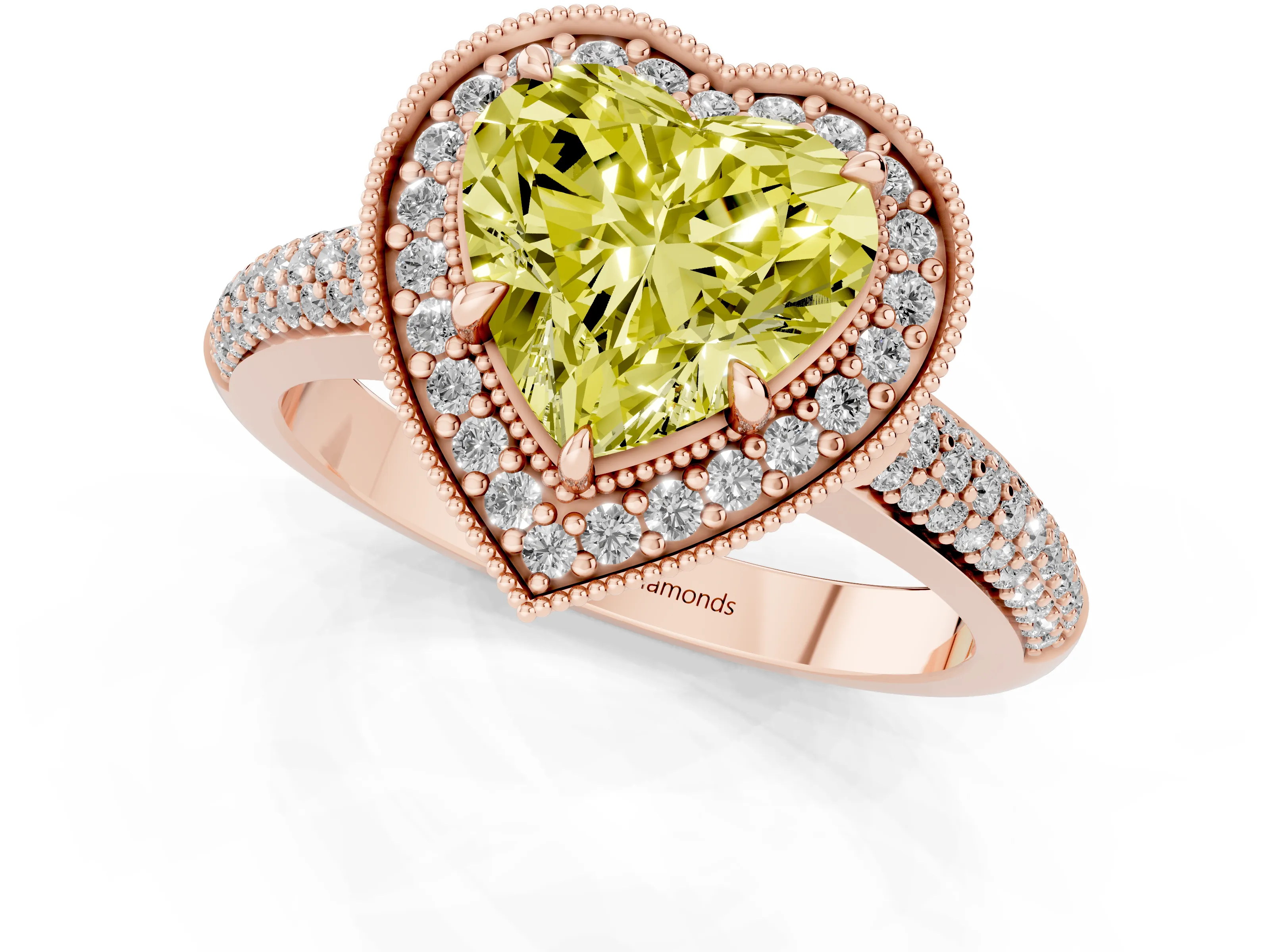 Fancy Yellow Heart Cut Diamond Halo Pavé Band Set in Rose gold with Prong Setting