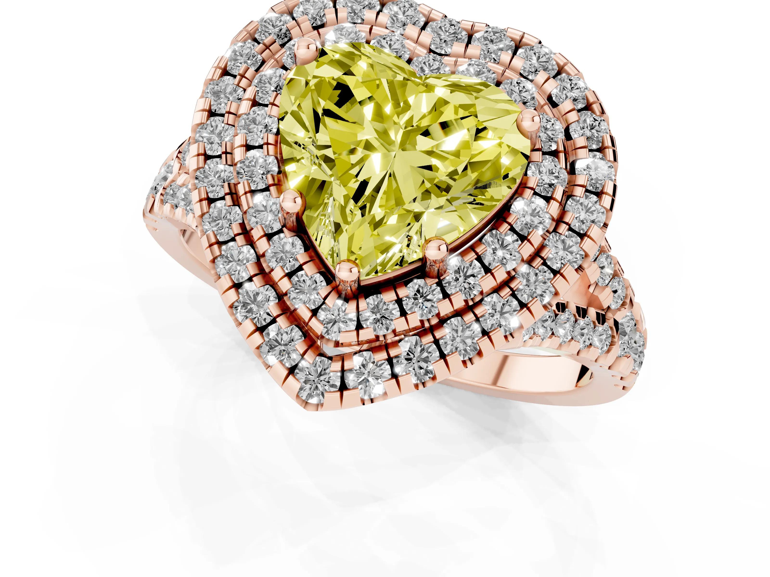Fancy Yellow Heart Cut Diamond Double Halo Ring Set in Rose gold with Pavé Split Shank and Prong Setting