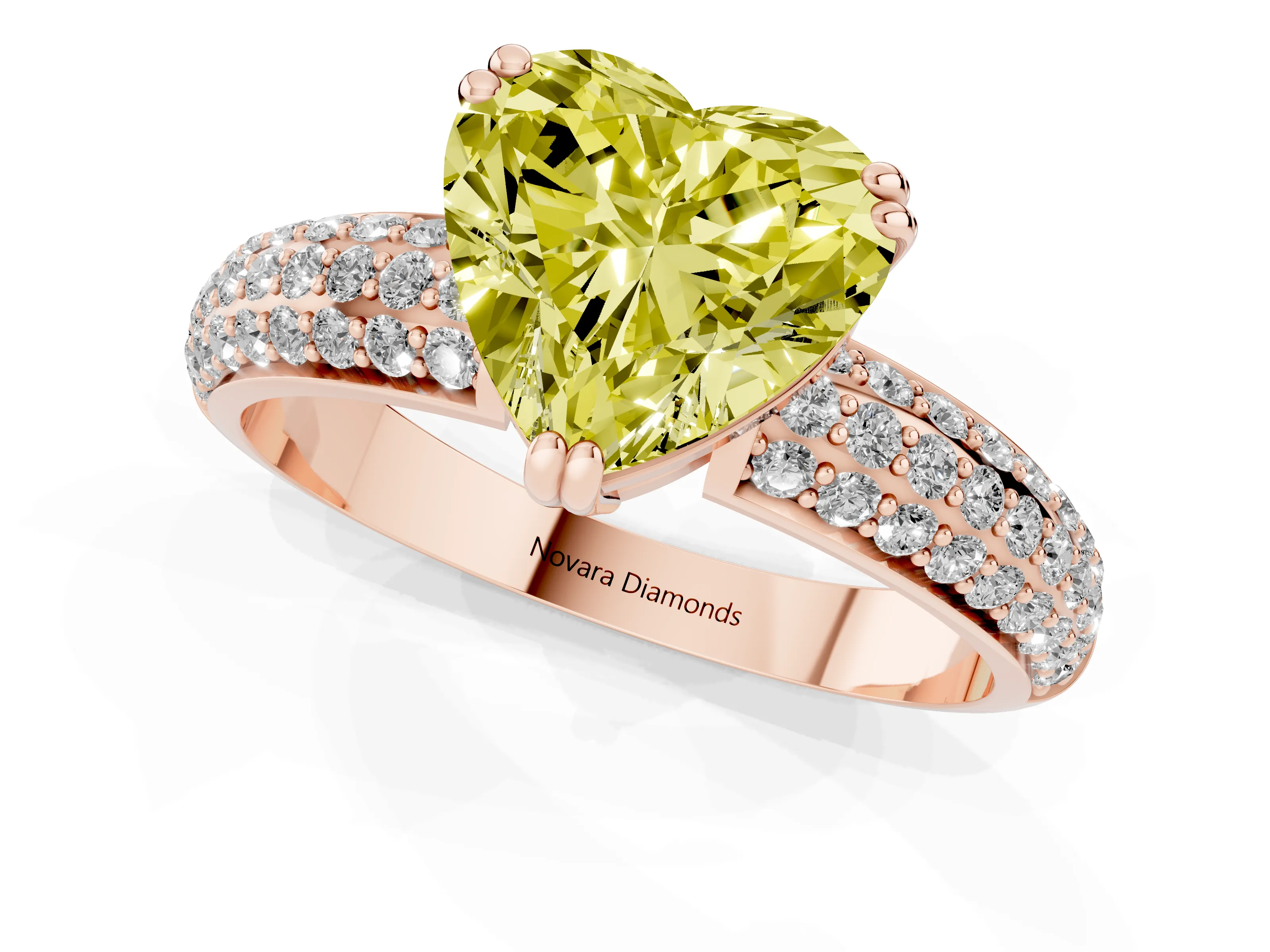 Fancy Yellow Heart Cut Diamond Solitaire Ring Set in Rose gold with Multi-Row Round Pavé Band and Prong Setting