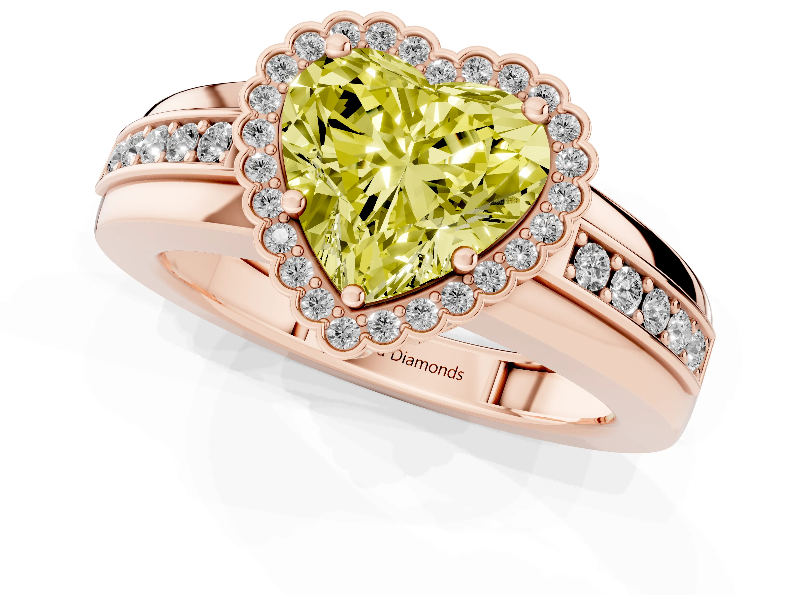 Fancy Yellow Heart Cut Diamond Halo Prong Ring Set in Rose gold with Pavé Band