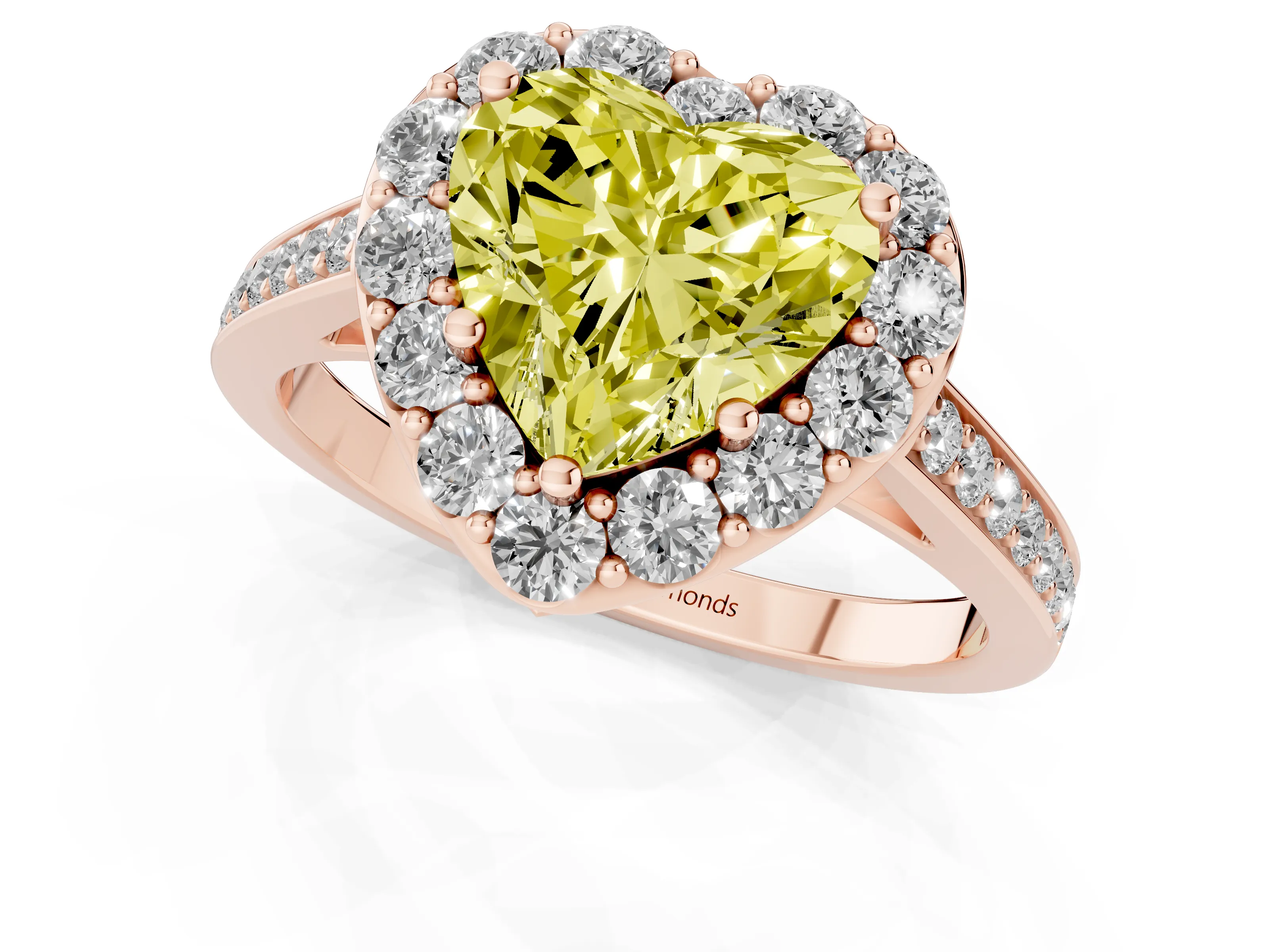 Fancy Yellow Heart Cut Diamond Floral Halo Ring Set in Rose gold with Pavé Band and Prong Setting