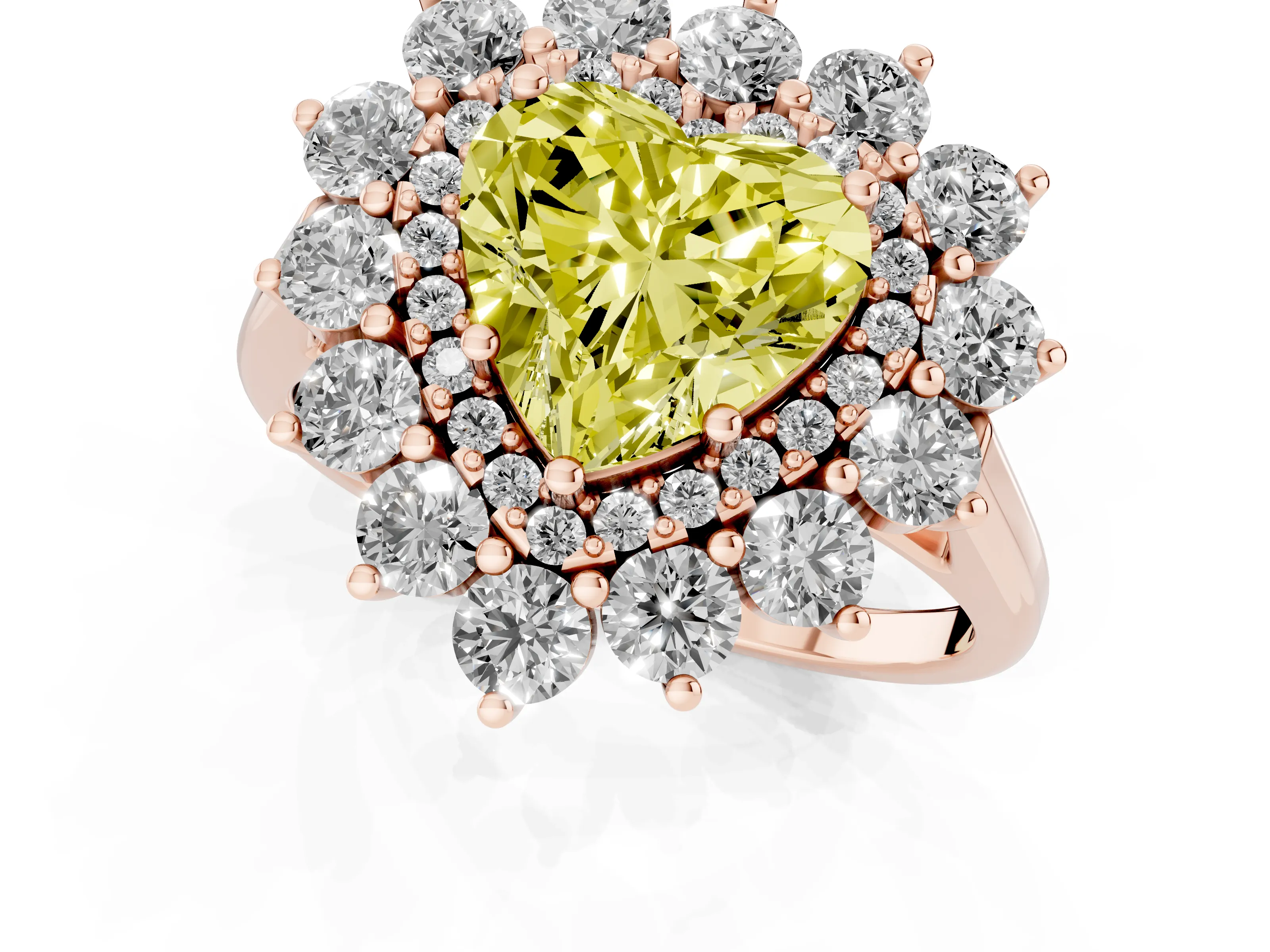 Fancy Yellow Heart Cut Diamond Floral Double Halo Ring Set in Rose gold with Round Petals