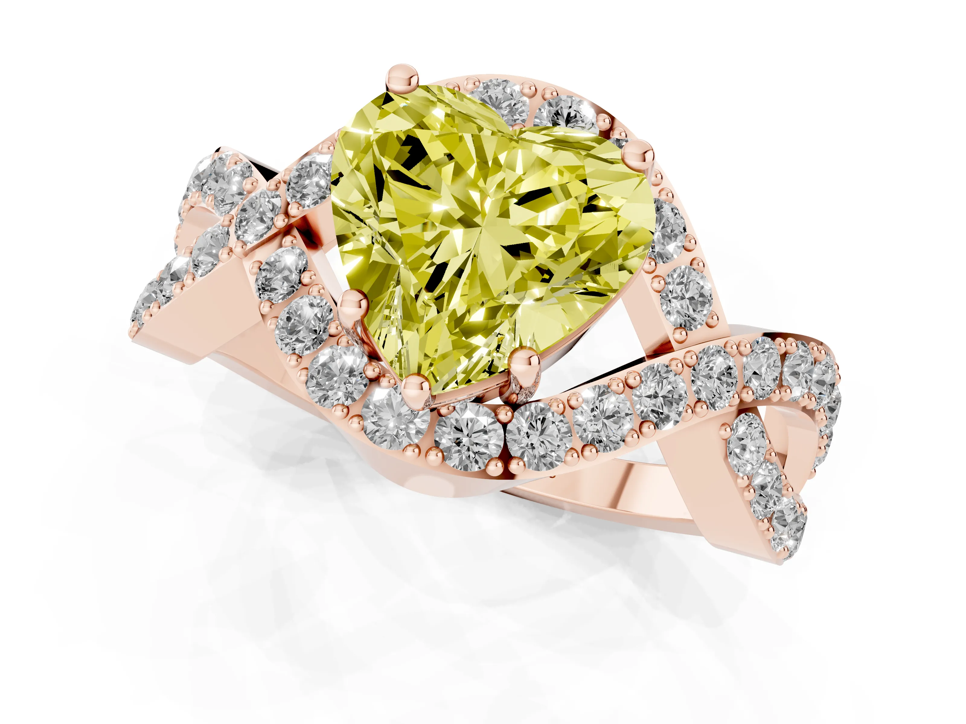 Fancy Yellow Heart Cut Diamond Solitaire Twist Band Pavé Engagement Ring Set in Rose gold