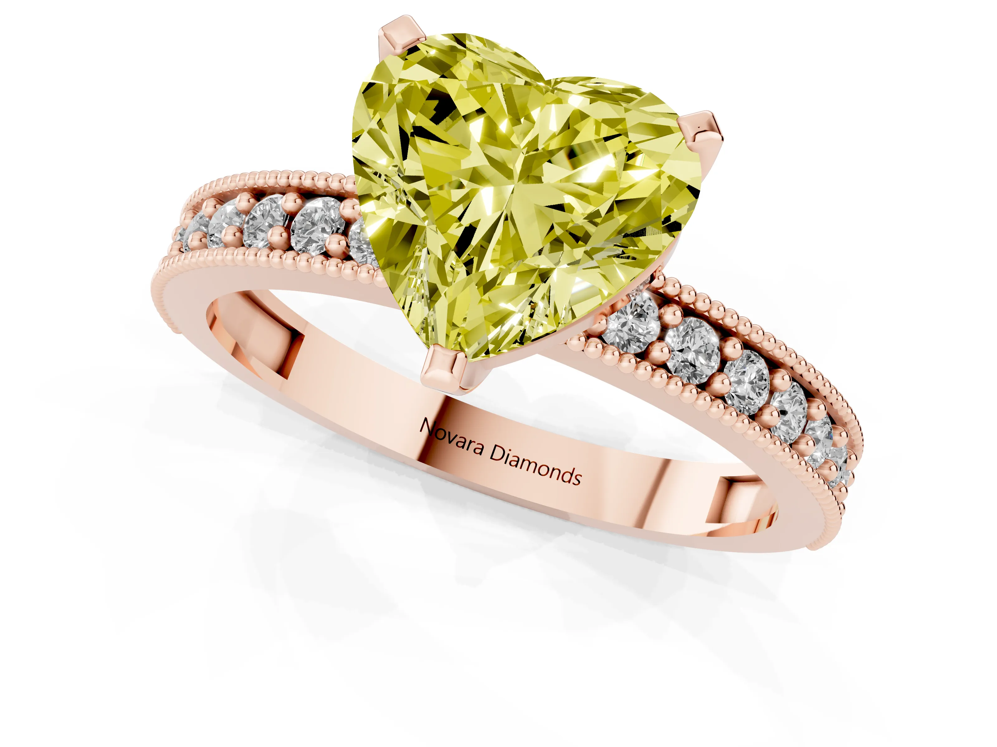 Fancy Yellow Heart Cut Diamond Milgrain Pavé Engagement Ring Set in Rose gold with Prong Setting