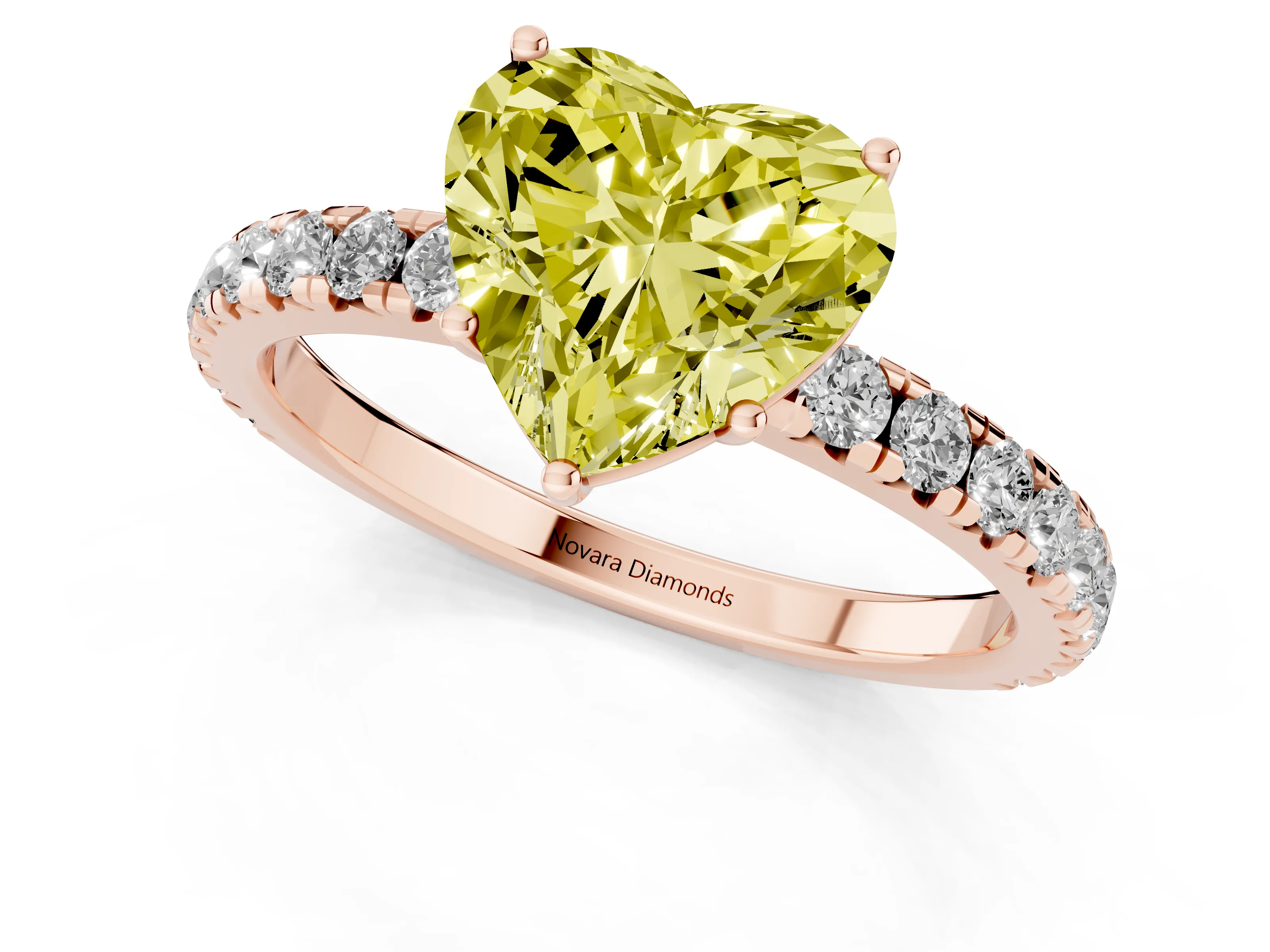 Fancy Yellow Heart Cut Diamond Pavé Solitaire Engagement Ring Set in Rose gold with Prong Setting
