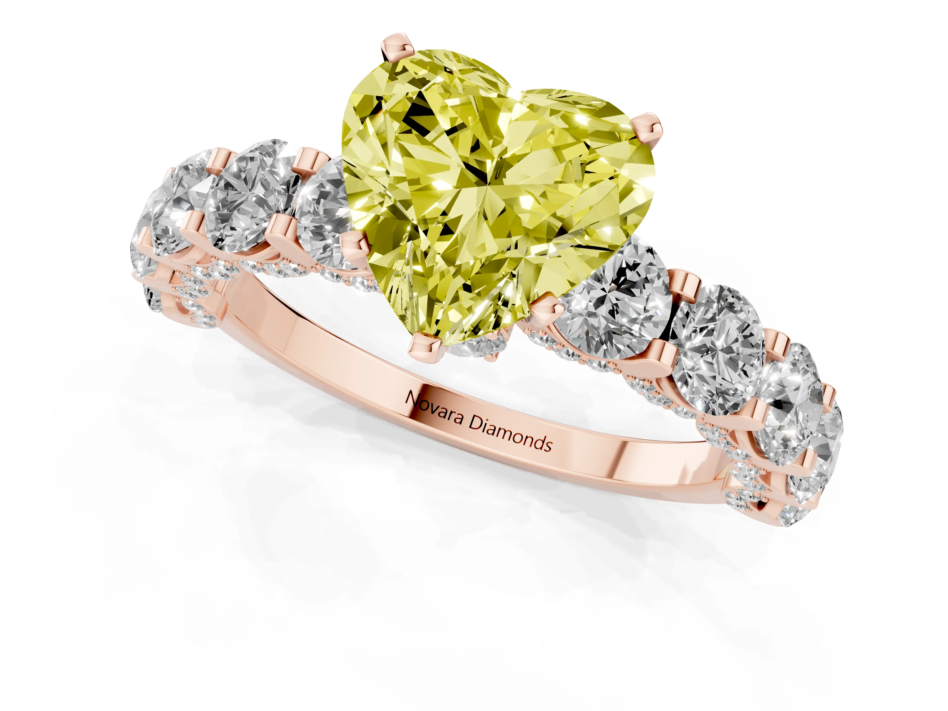 Fancy Yellow Heart Cut Diamond Side Stone Ring Set in Rose gold with Alternating Round and Oval Side Stones – second view