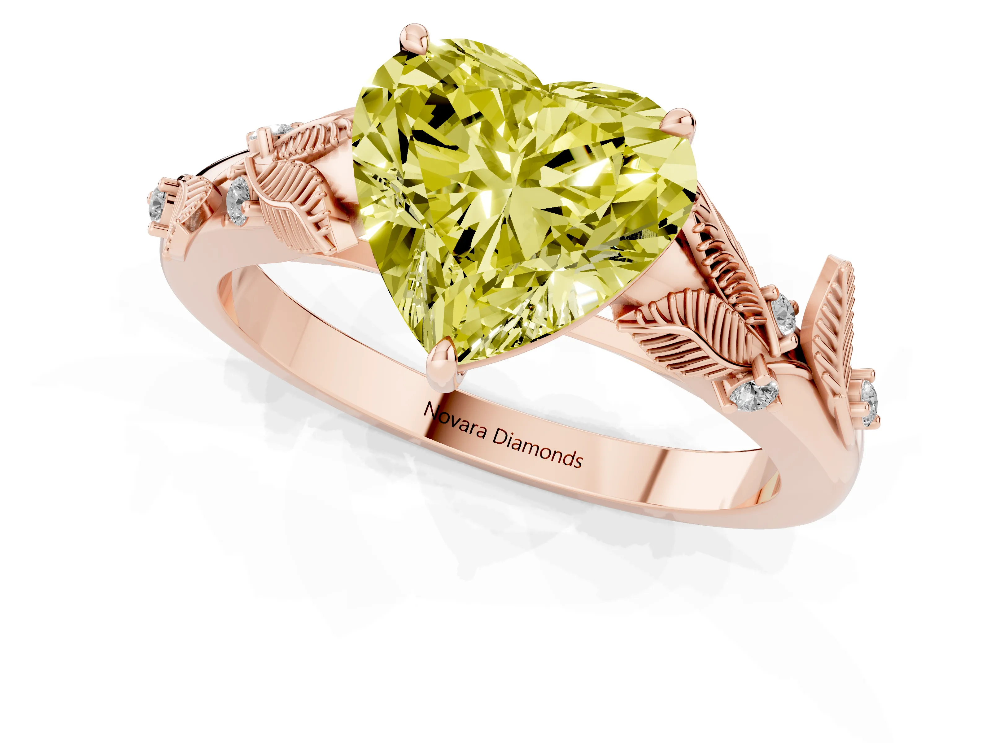 Fancy Yellow Heart Cut Diamond Solitaire Ring Set in Rose gold with Leaf Motif Band