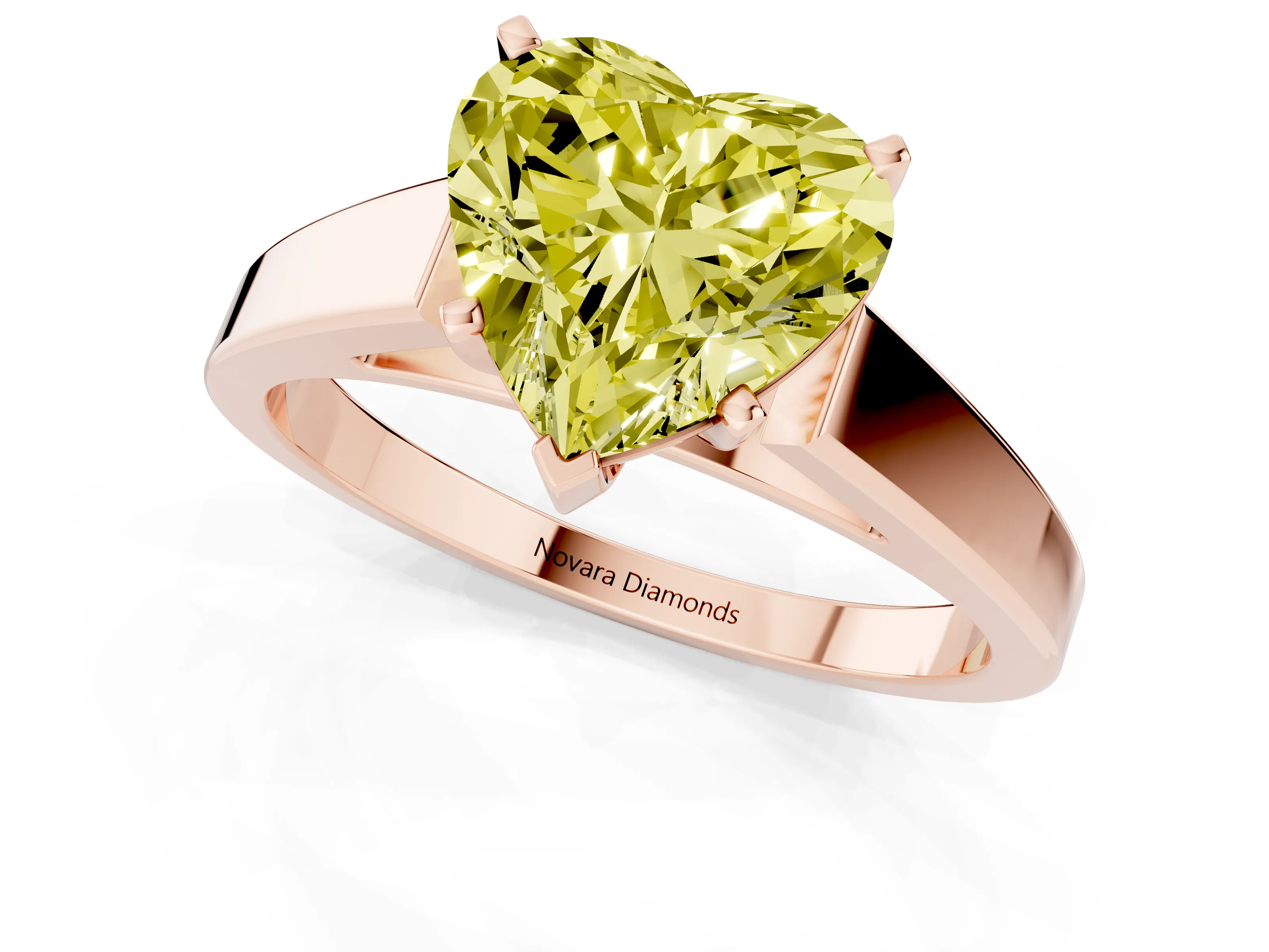 Fancy Yellow Heart Cut Diamond Solitaire Engagement Ring Set in Rose gold with Prong Setting and Tapered Band