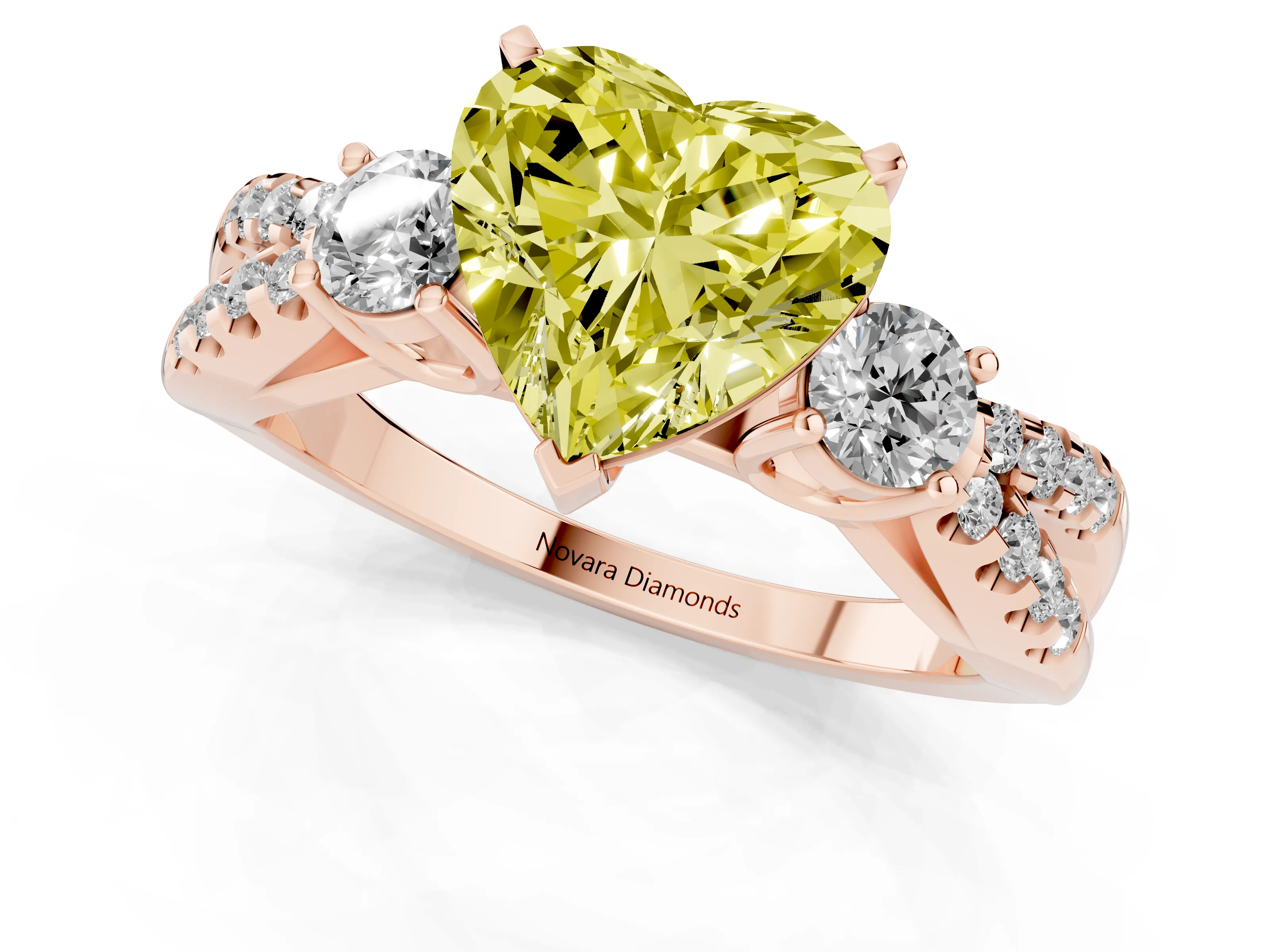 Fancy Yellow Heart Cut Diamond Three-Stone Ring Set in Rose gold with Pavé Split Shank and Prong Setting