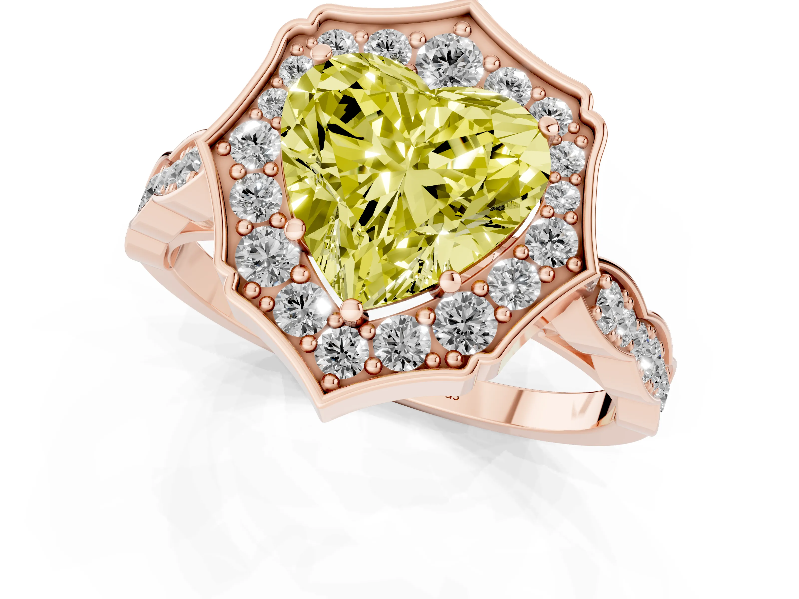 Fancy Yellow Heart Cut Diamond Halo Engagement Ring Set in Rose gold with Milgrain Band and Prong Setting