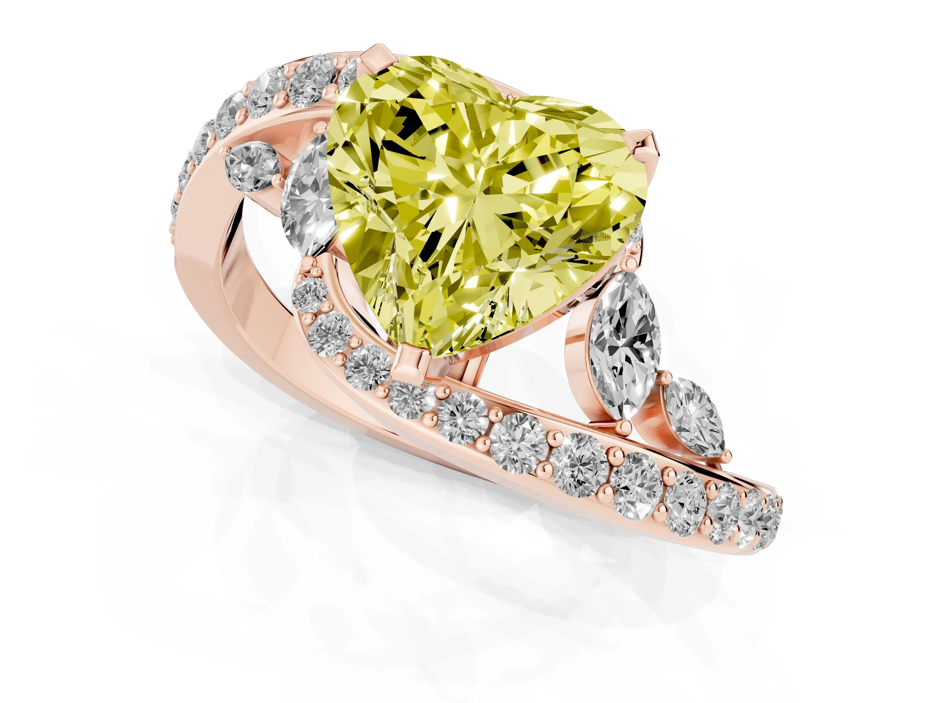 Fancy Yellow Heart Cut Diamond Solitaire Ring Set in Rose gold with Pavé Twist Band and Secure Prong Setting