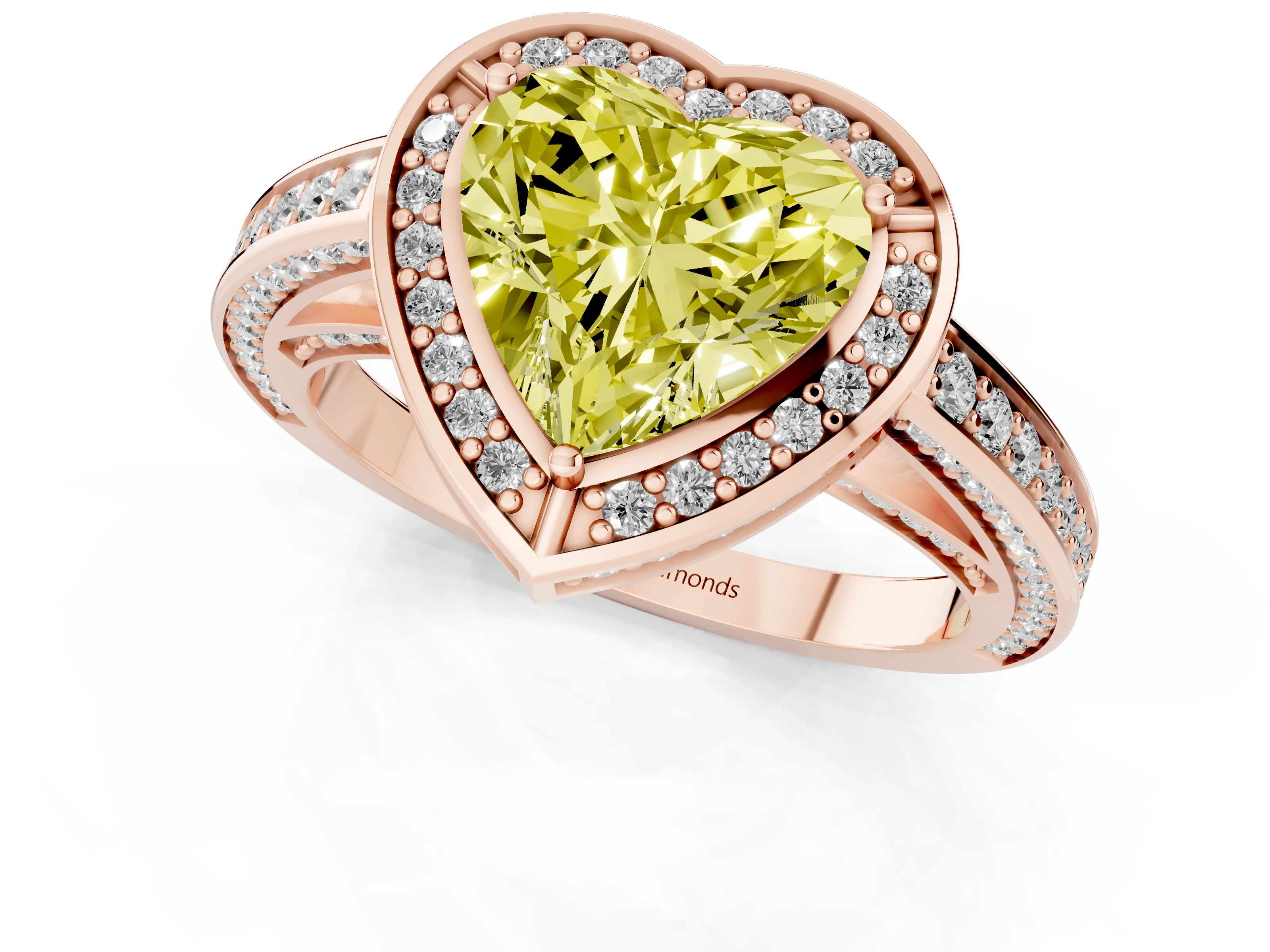Fancy Yellow Heart Cut Diamond Halo Pavé Split Shank Ring Set in Rose gold with Prong Setting