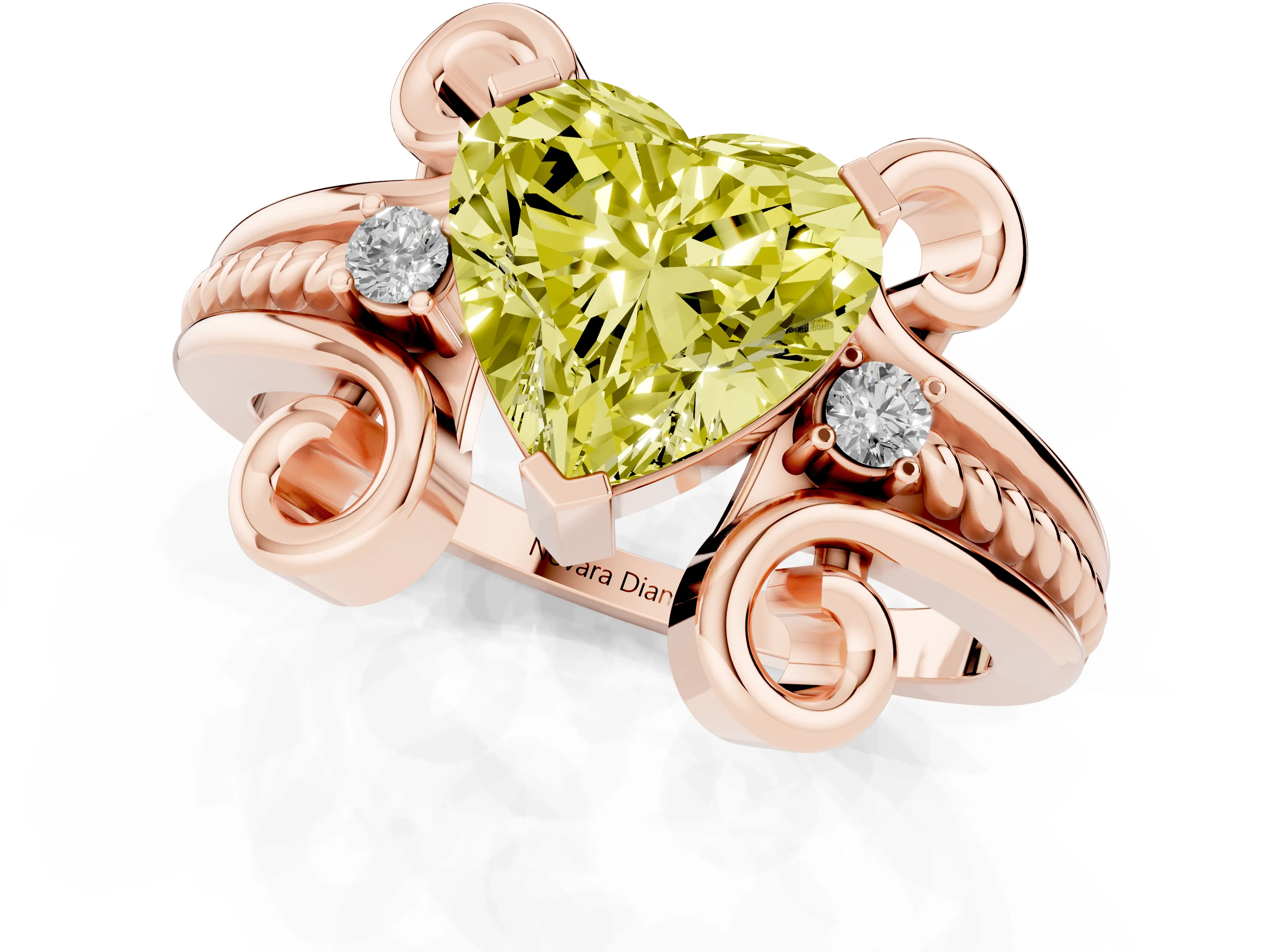 Fancy Yellow Heart Cut Diamond Twisted Band Solitaire Ring Set in Rose gold with Scroll Prongs