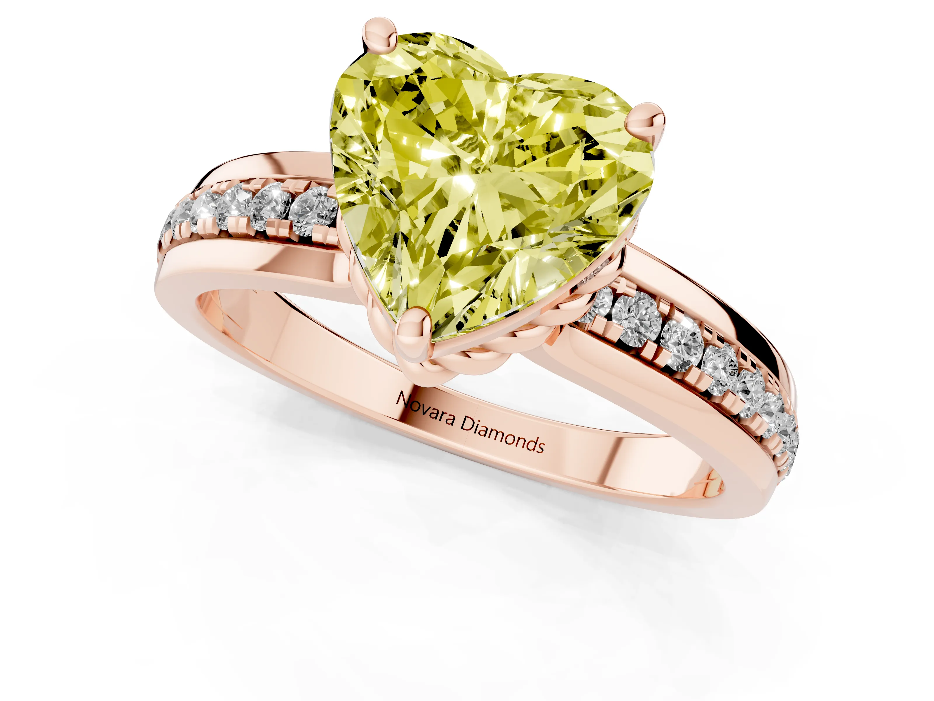 Fancy Yellow Heart Cut Diamond Solitaire Ring Set in Rose gold with Channel Set Band and Prong Setting