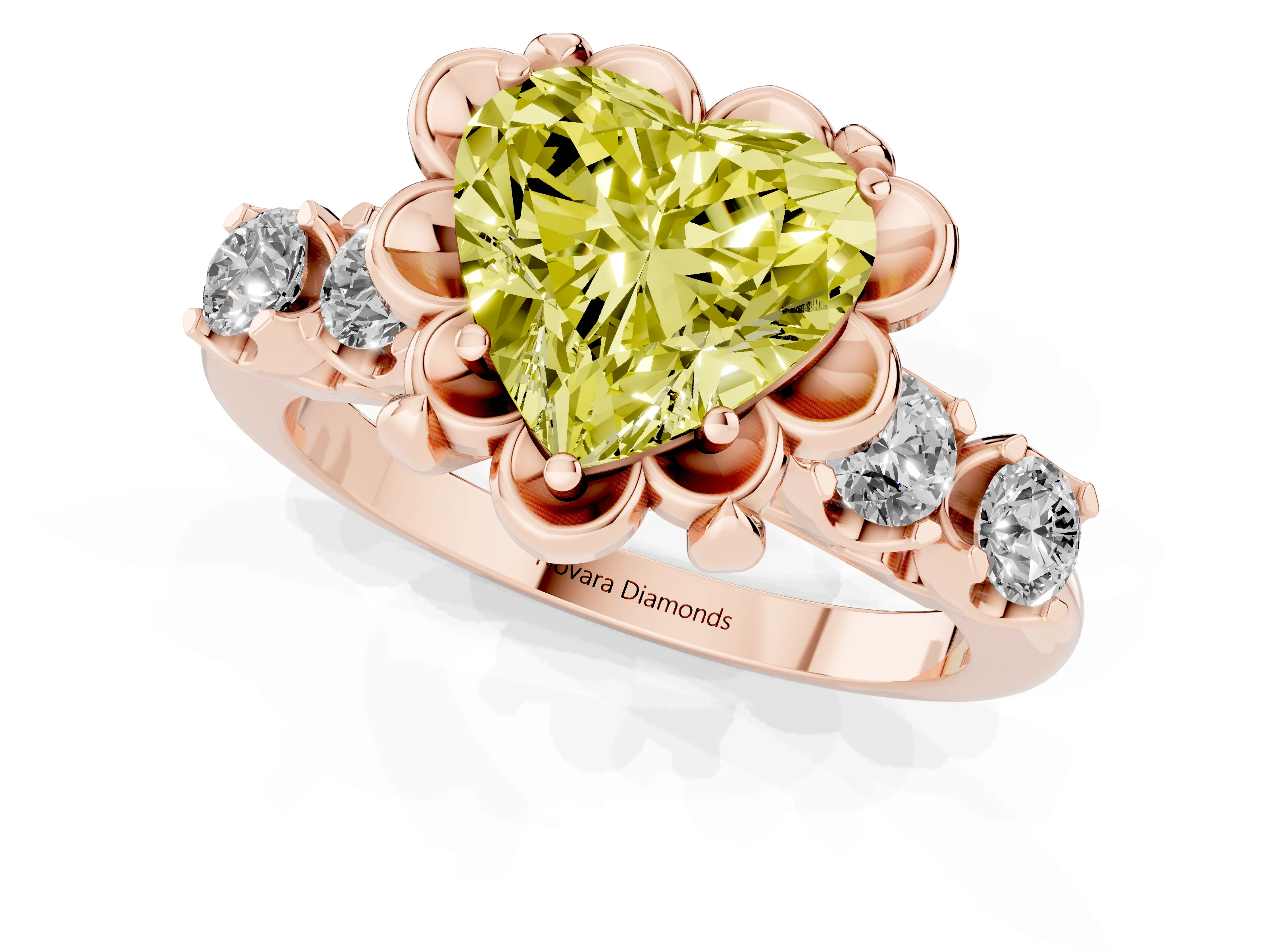 Fancy Yellow Heart Cut Diamond Floral Halo Ring Set in Rose gold with Shared Prong Band
