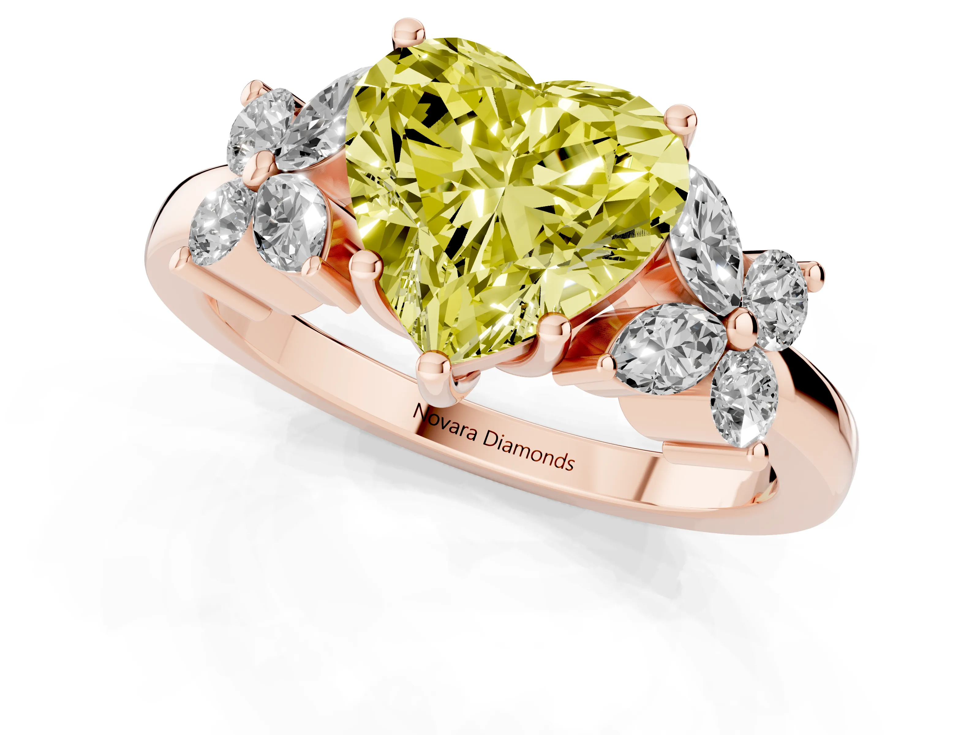 Fancy Yellow Heart Cut Diamond Floral Cluster Ring Set in Rose gold with Marquise Petals and Prong Setting