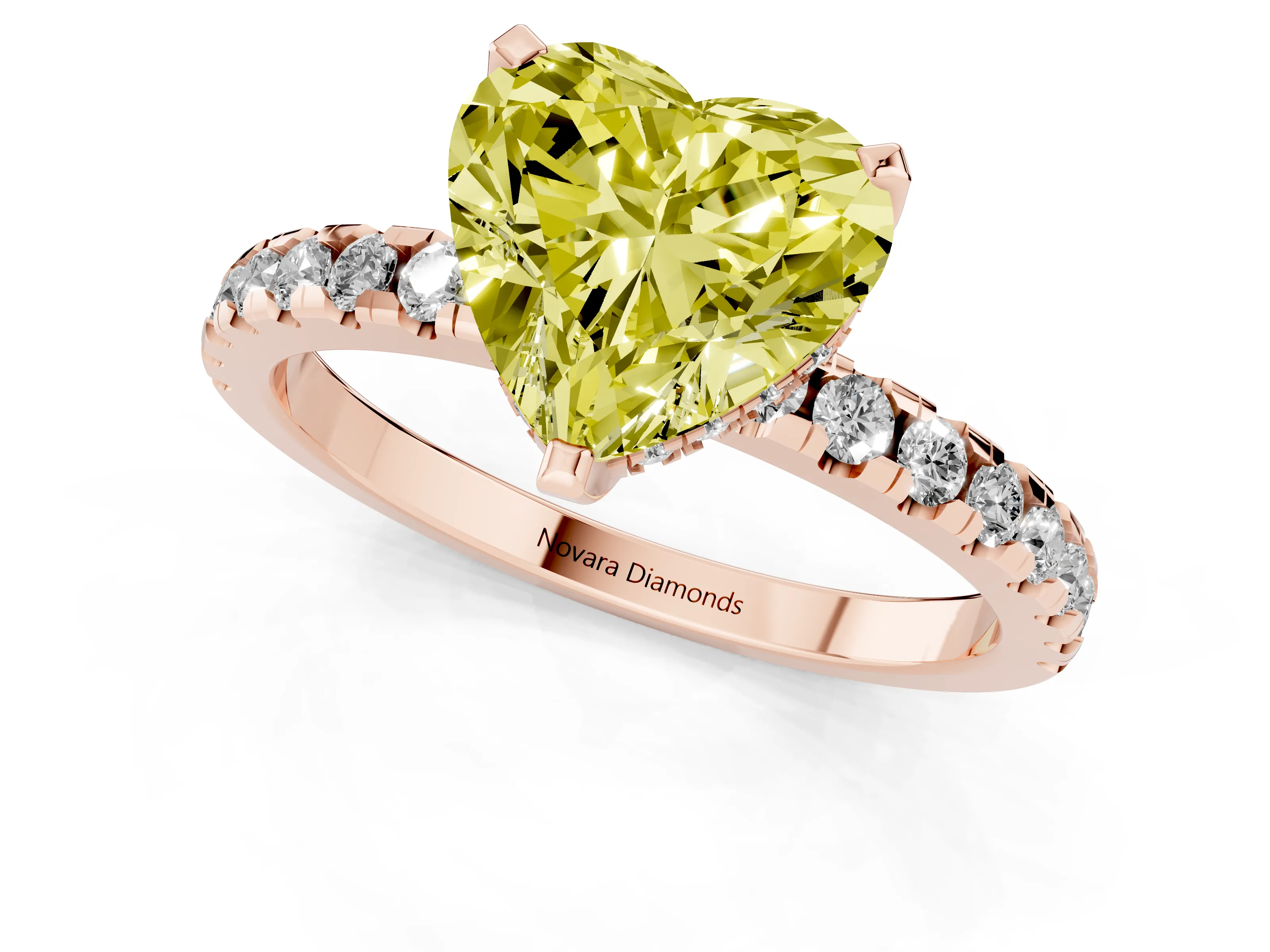Fancy Yellow Heart Cut Diamond Pavé Solitaire Ring Set in Rose gold with Round Band Accents and Prong Setting