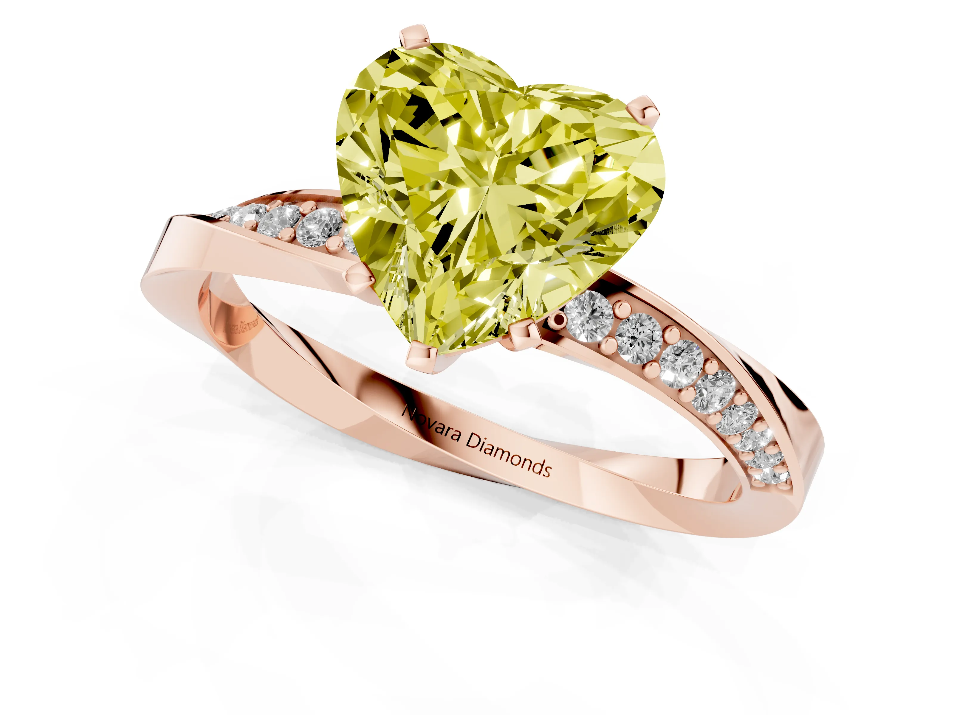 Fancy Yellow Heart Cut Diamond Engagement Ring Set in Rose gold with Side Stone Accents and Prong Setting