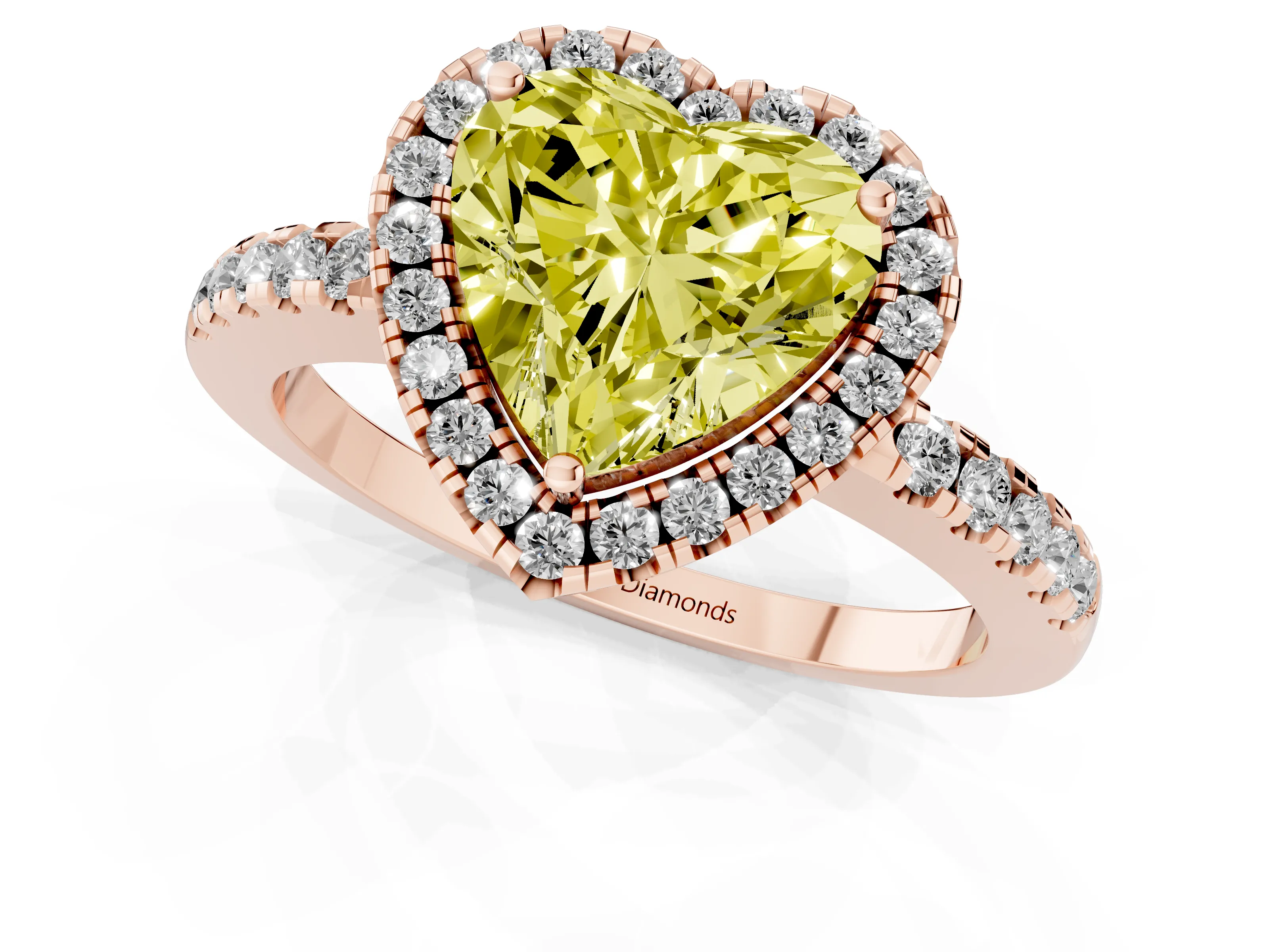 Fancy Yellow Heart Cut Diamond Pavé Band Halo Engagement Ring Set in Rose gold with Prong Setting