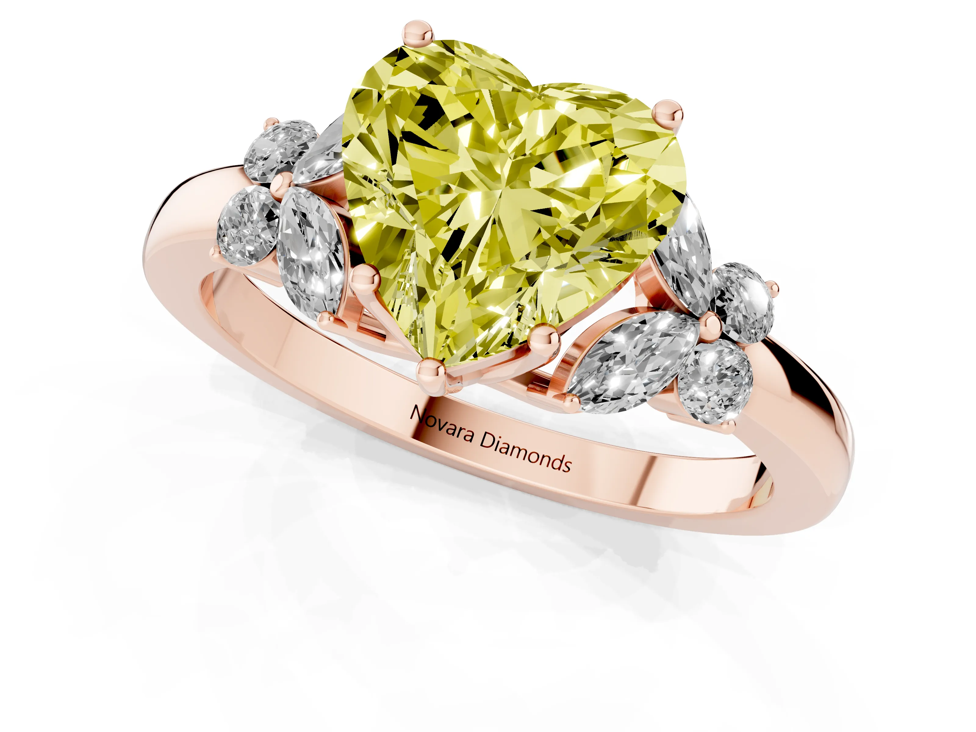 Fancy Yellow Heart Cut Diamond Solitaire Floral Ring Set in Rose gold with Marquise Petals and Prong Setting