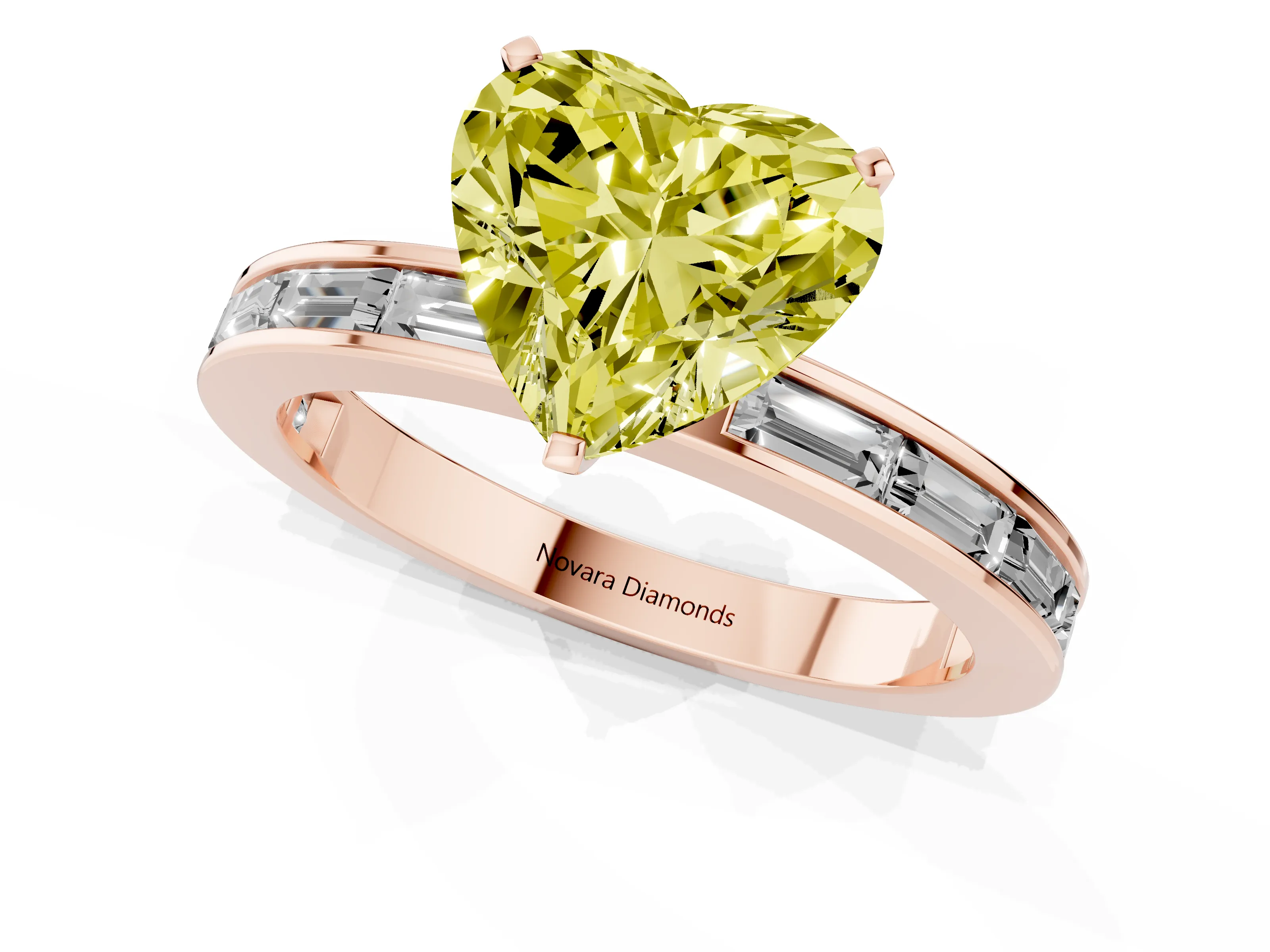 Fancy Yellow Heart Cut Diamond Solitaire Ring Set in Rose gold with Channel-Set Baguette Band and Prong Setting