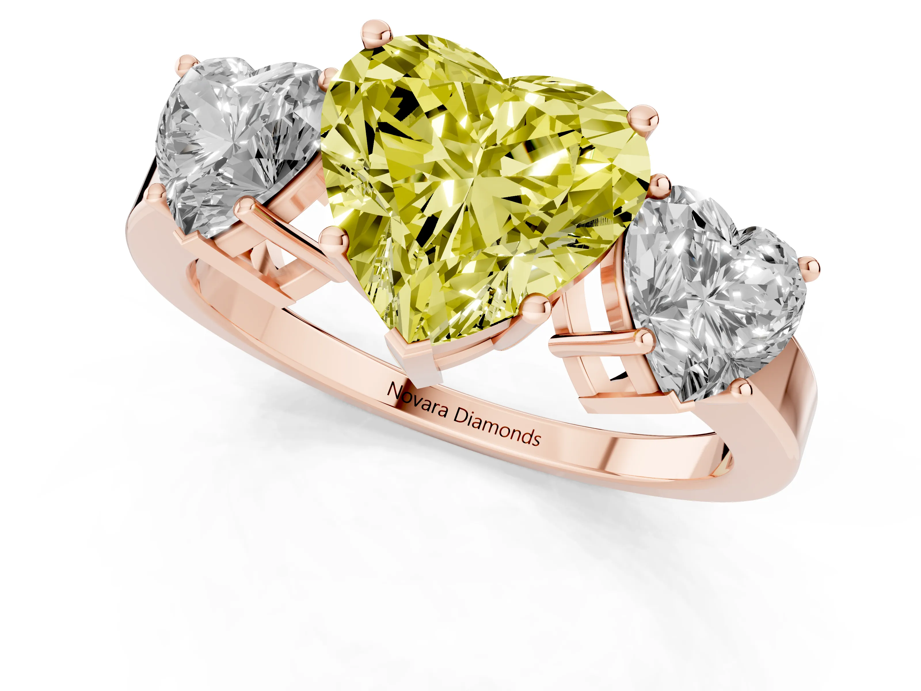 Fancy Yellow Heart Cut Diamond Three-Stone Engagement Ring Set in Rose gold with Flat Band