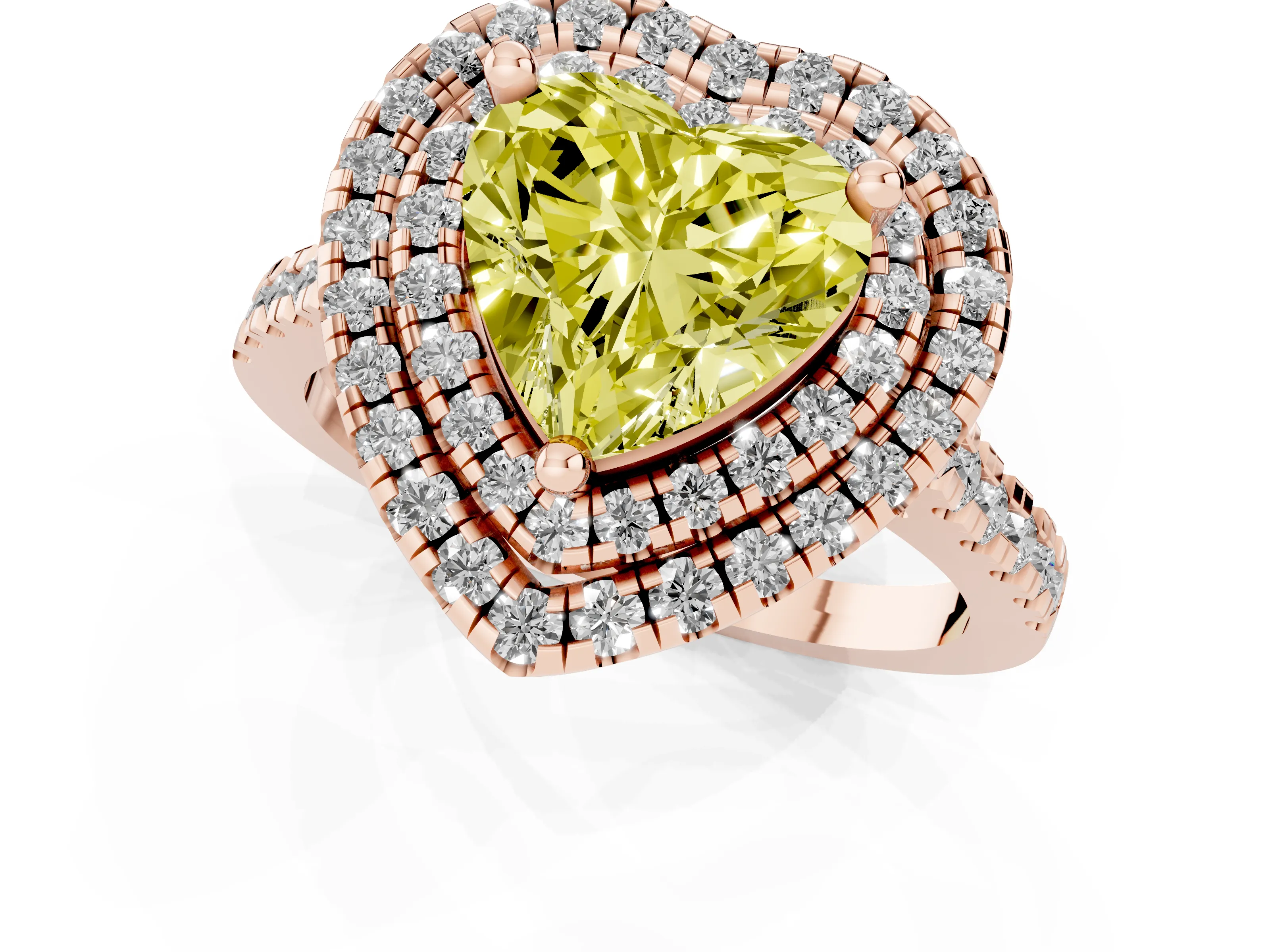 Fancy Yellow Heart Cut Diamond Double Halo Statement Ring Set in Rose gold with Pavé Band