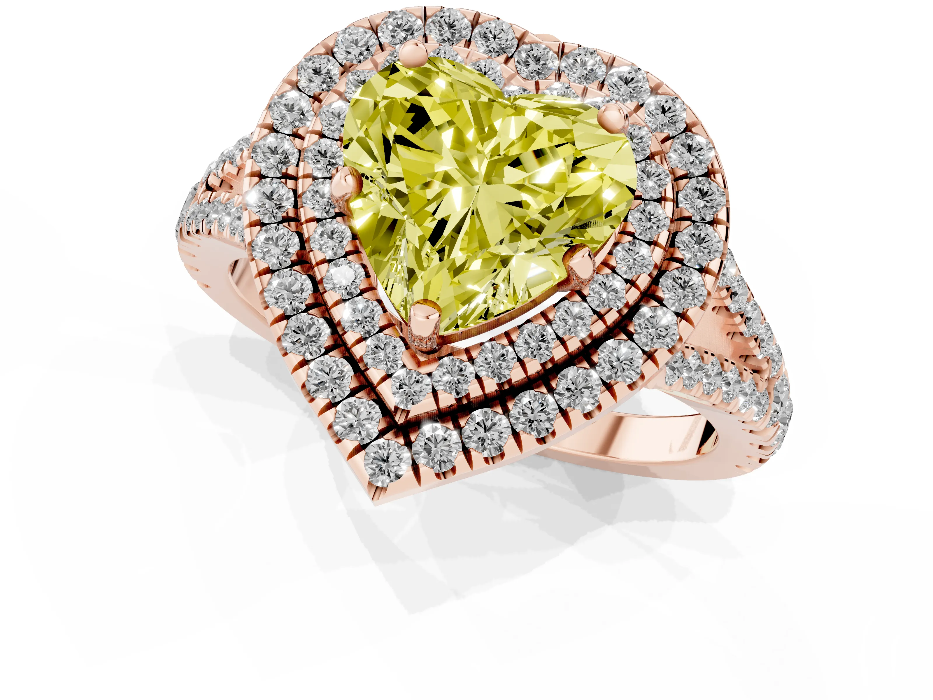 Fancy Yellow Heart Cut Diamond Double Halo Ring Set in Rose gold with Pavé Band