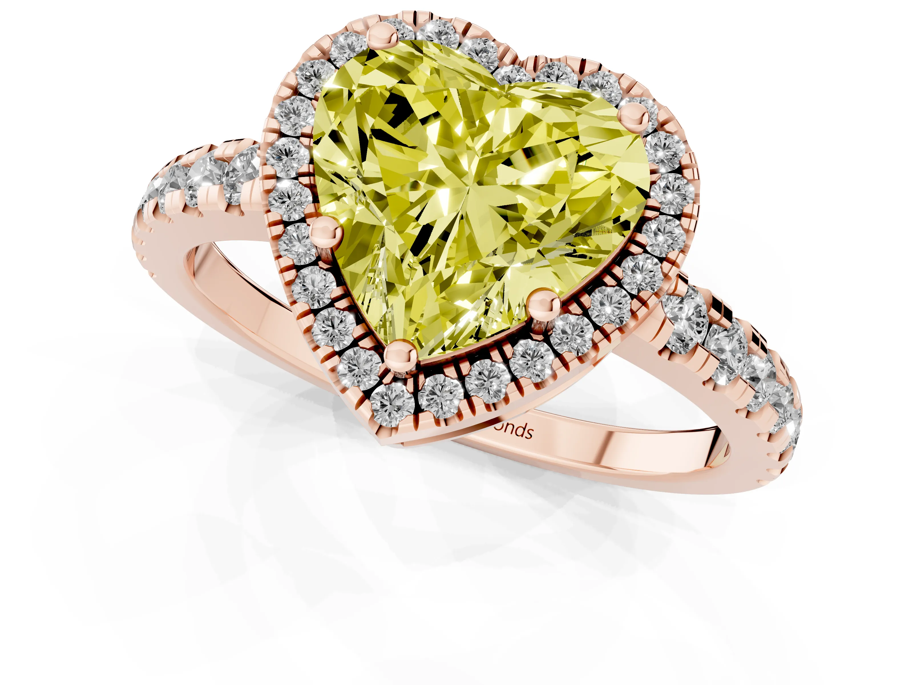 Fancy Yellow Heart Cut Diamond Halo Ring Set in Rose gold with Delicate Pavé Band and Prong Setting