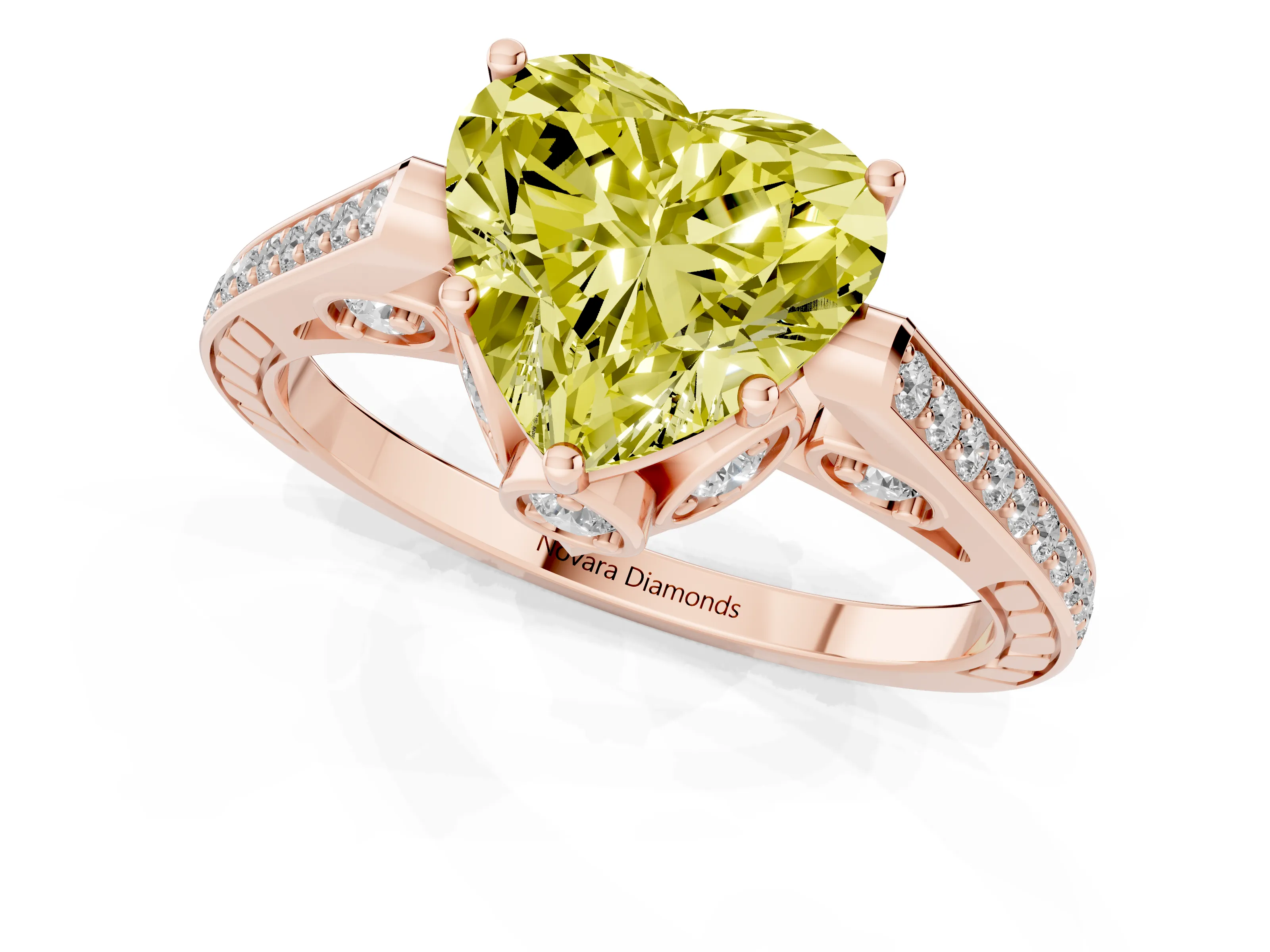 Fancy Yellow Heart Cut Diamond Cathedral Pavé Engagement Ring Set in Rose gold with Prong Setting