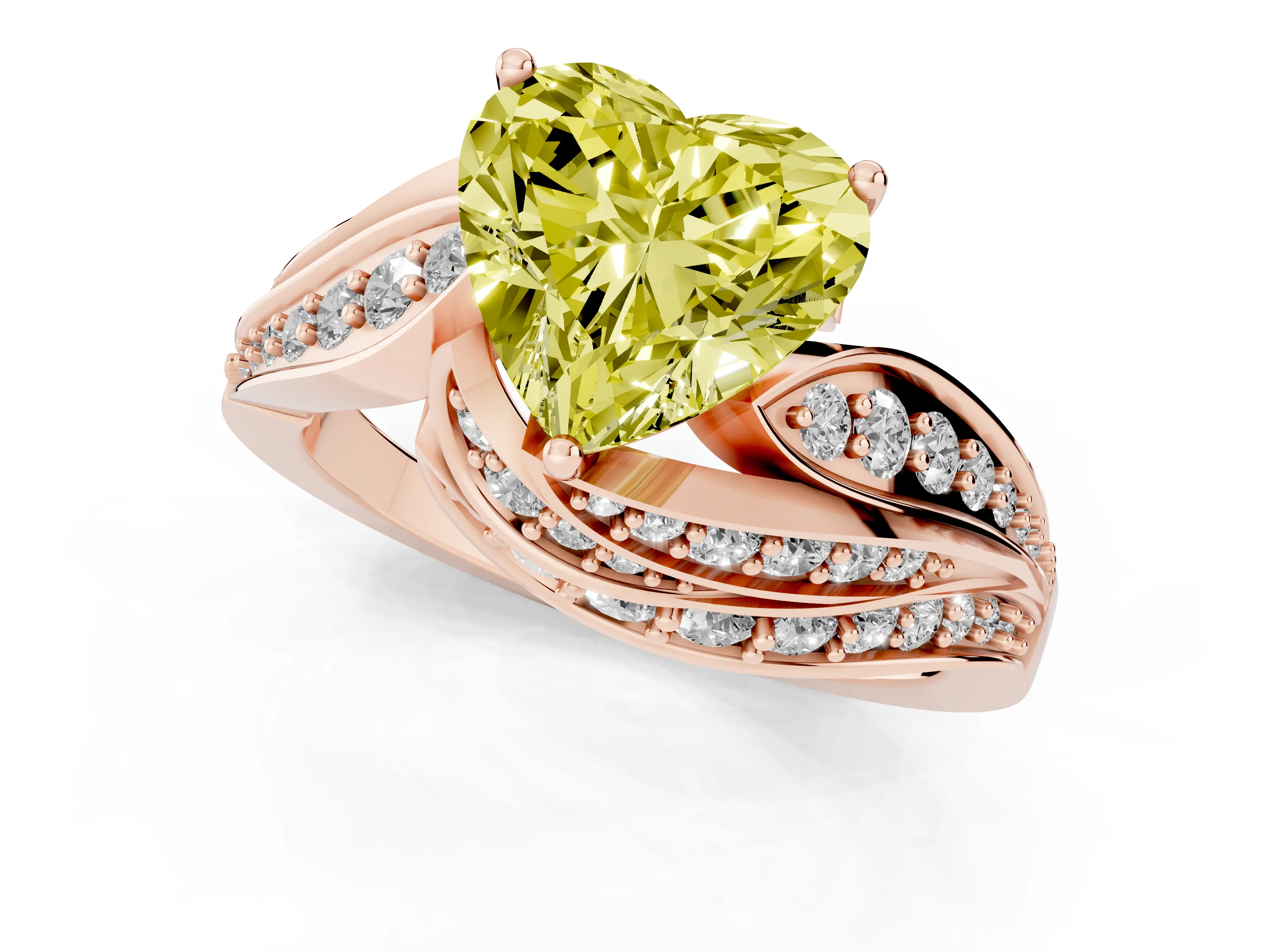 Fancy Yellow Heart Cut Diamond Solitaire Ring Set in Rose gold with Layered Twist Pavé Band