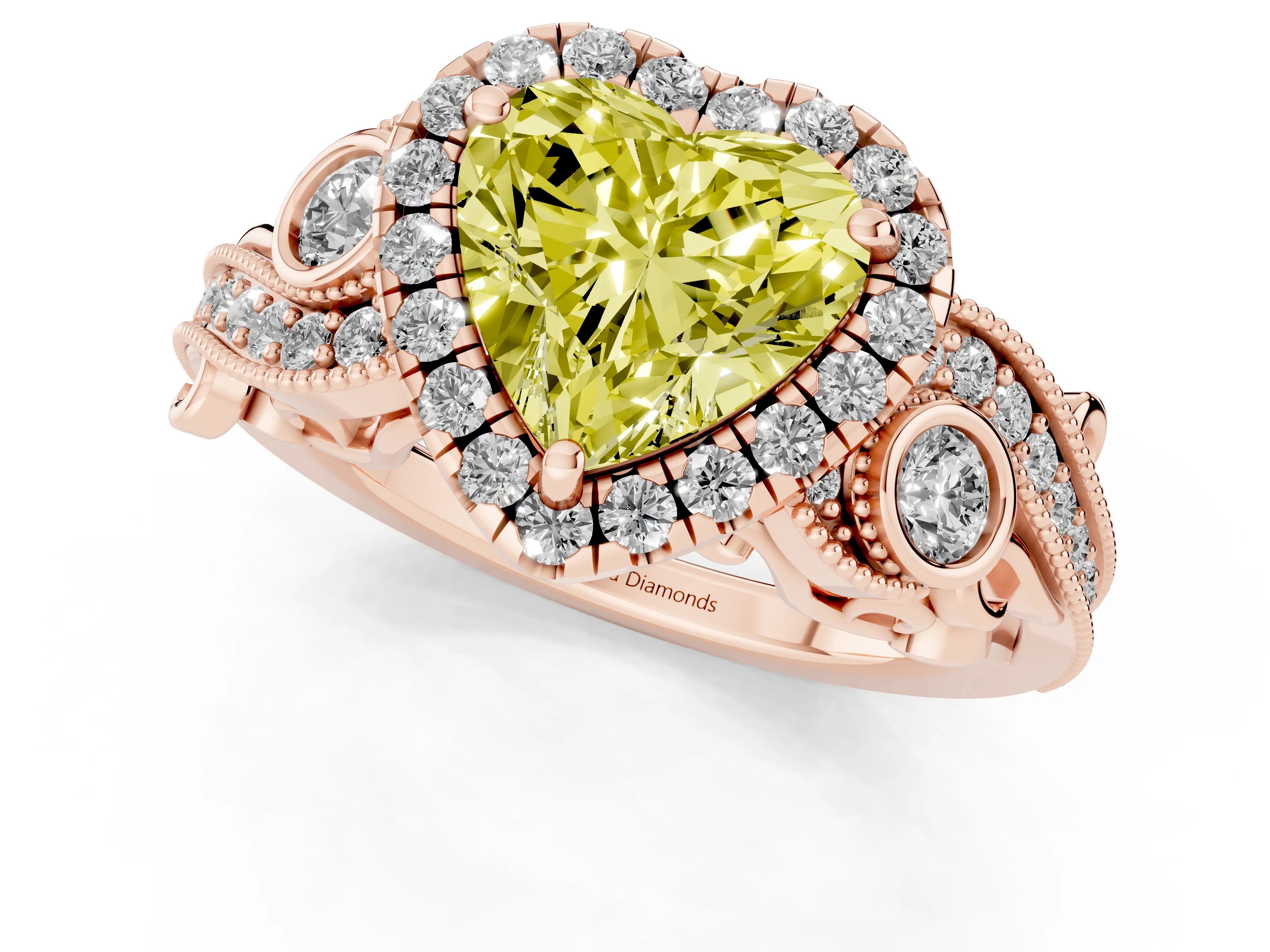 Fancy Yellow Heart Cut Diamond Halo Ring Set in Rose gold with Milgrain Pavé Band and Prong Setting