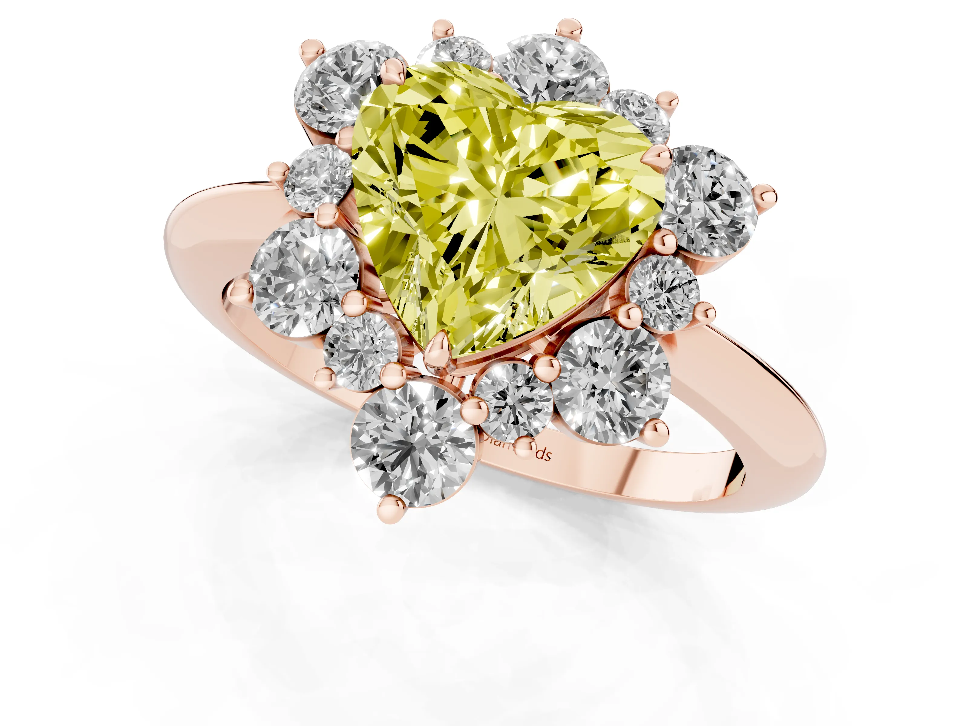 Fancy Yellow Heart Cut Diamond Cluster Halo Ring Set in Rose gold with Solitaire Band and Prong Setting