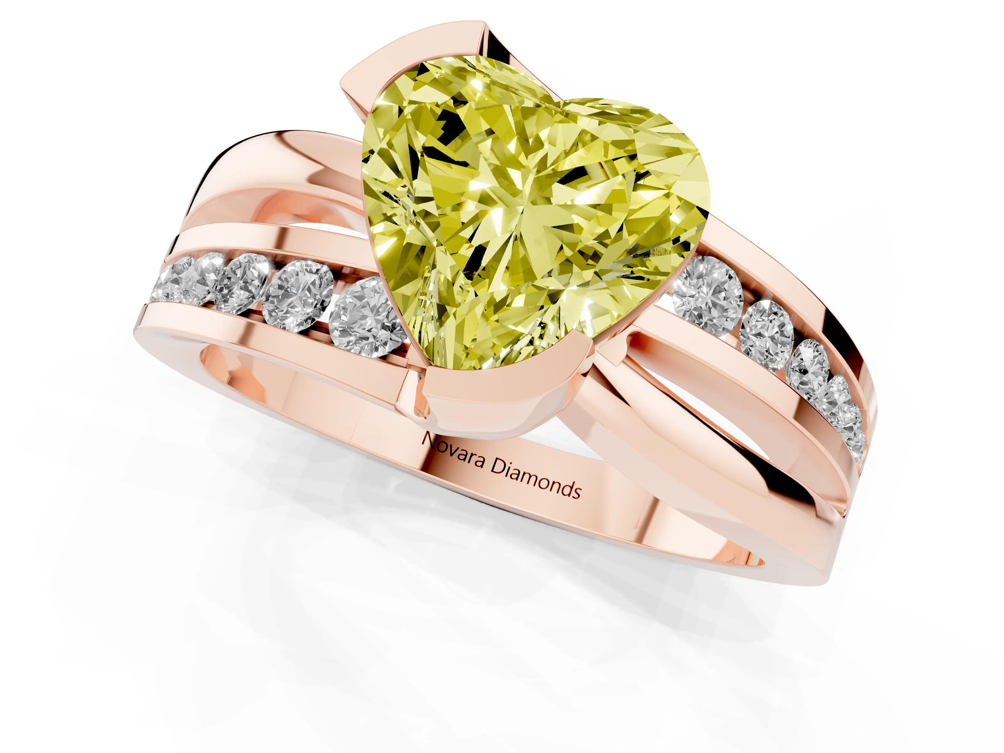 Fancy Yellow Heart Cut Diamond Solitaire Ring Set in Rose gold with Channel Set Split Shank and Tension Prongs