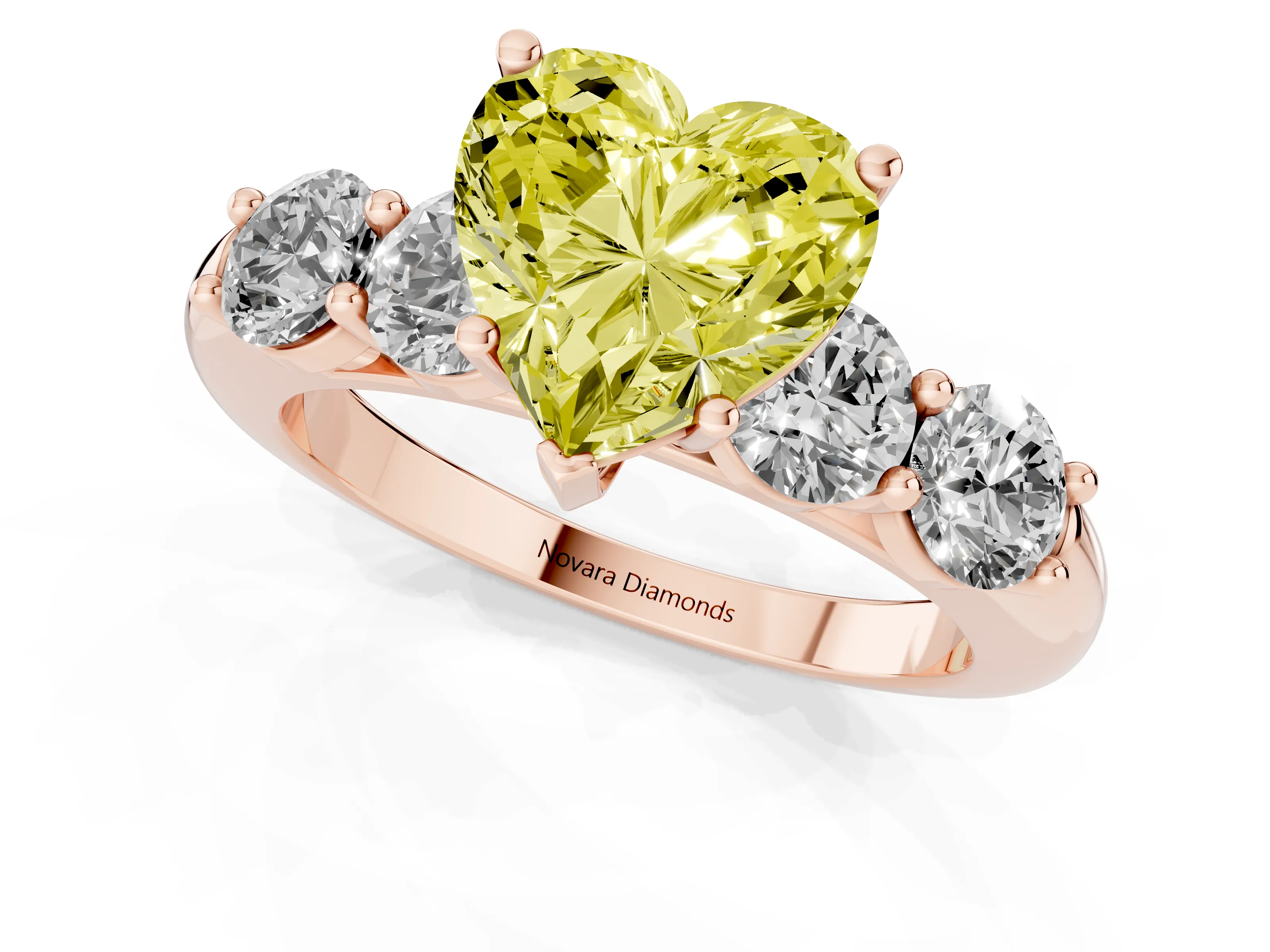 Fancy Yellow Heart Cut Diamond Five-Stone Prong Set Ring Set in Rose gold with Classic Band