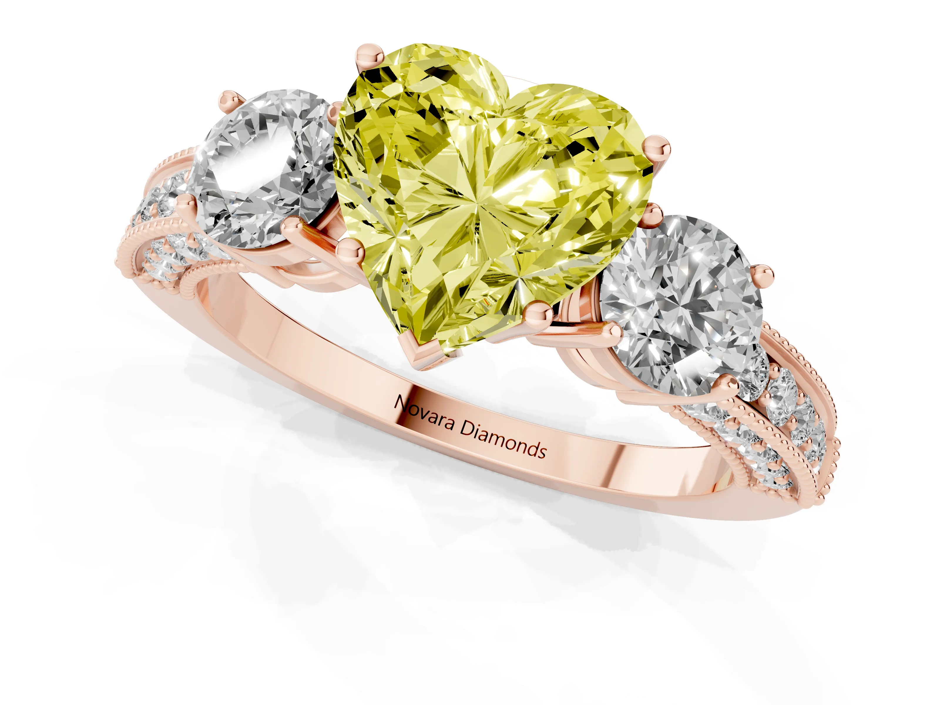 Fancy Yellow Heart Cut Diamond Three-Stone Ring Set in Rose gold with Round Side Stones and Pavé Band